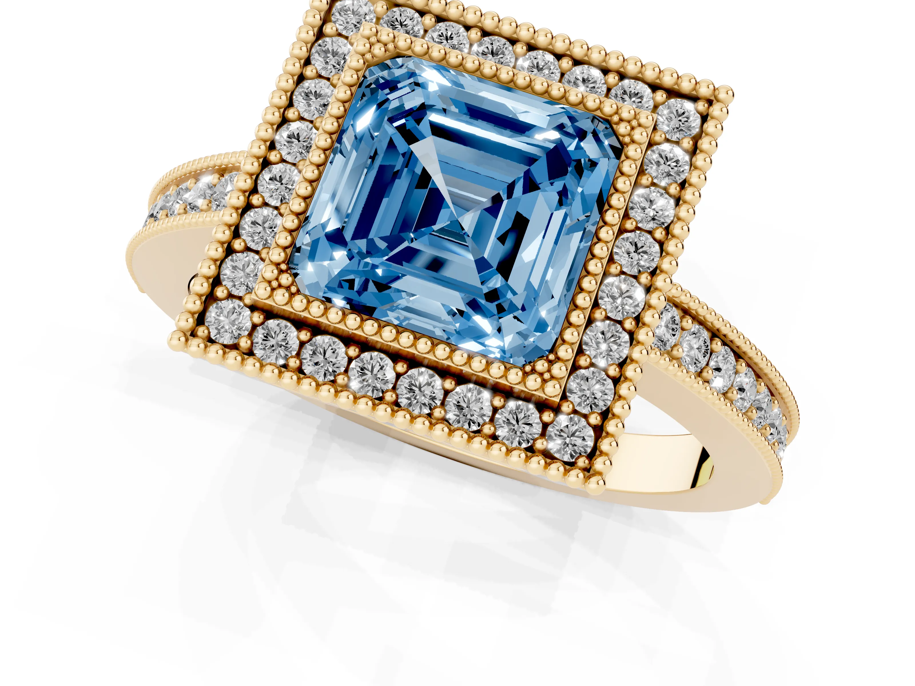Fancy Blue Asscher Cut Diamond Round Halo Ring Set in Yellow gold with Pavé Band