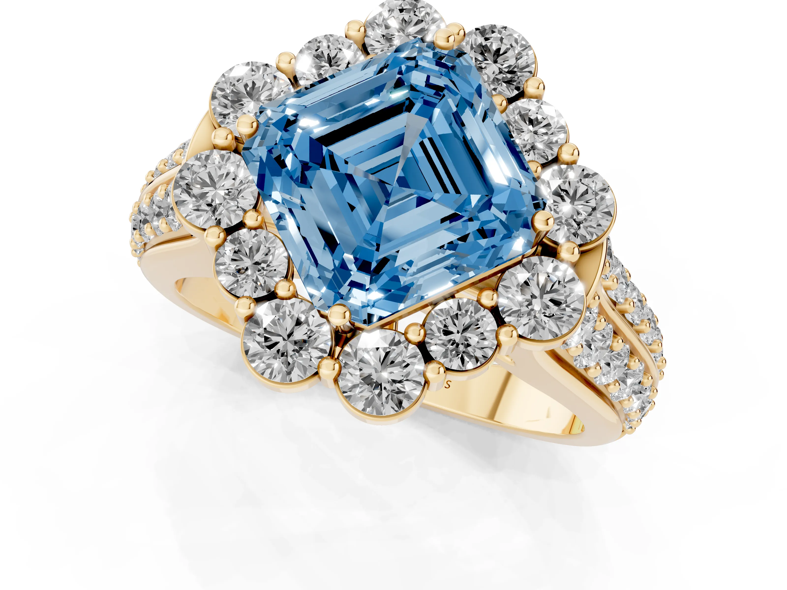 Fancy Blue Asscher Cut Diamond Halo Engagement Ring Set in Yellow gold with Split Shank and Prong Setting
