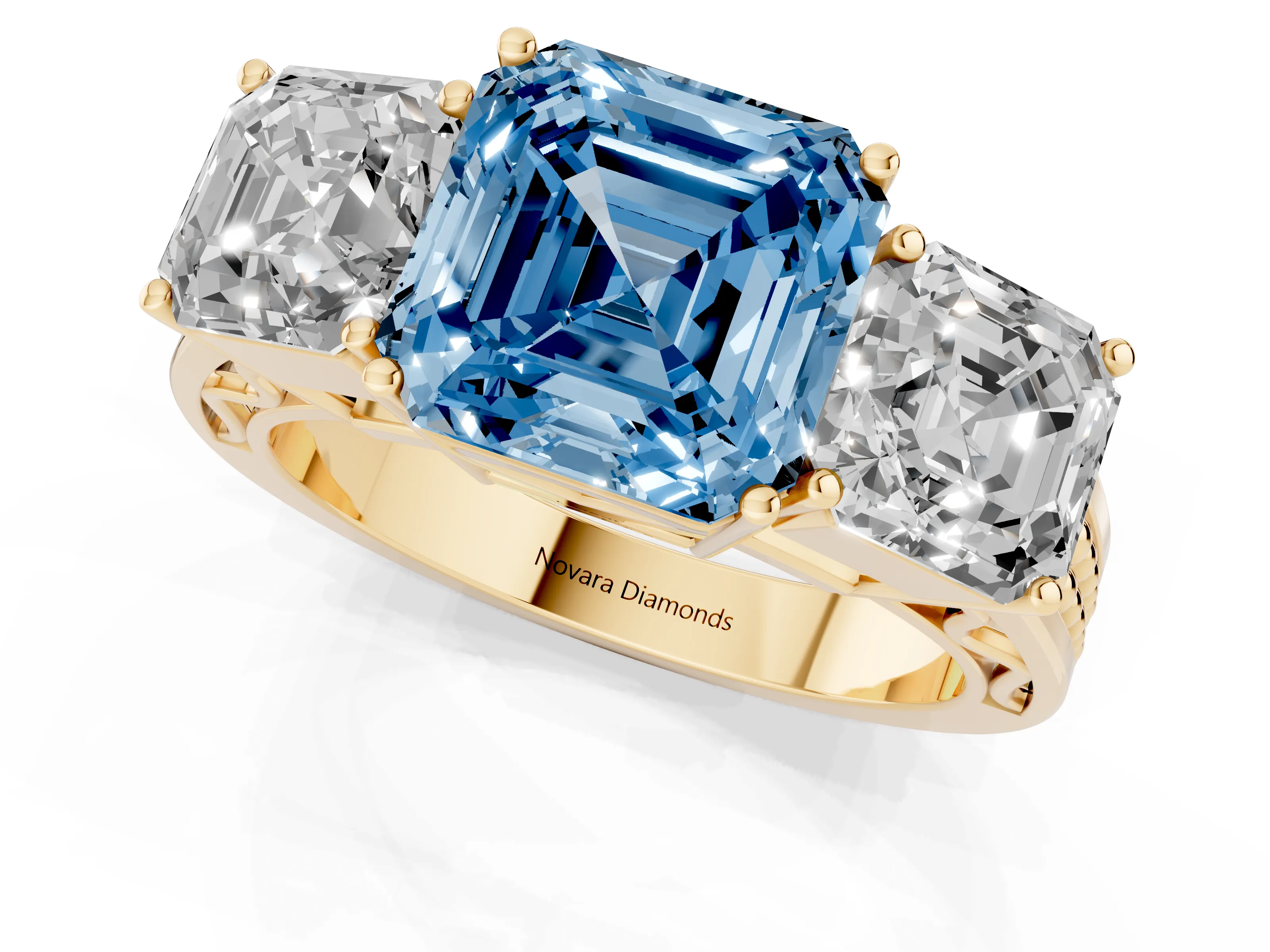 Fancy Blue Asscher Cut Diamond Three-Stone Ring Set in Yellow gold with Textured Band