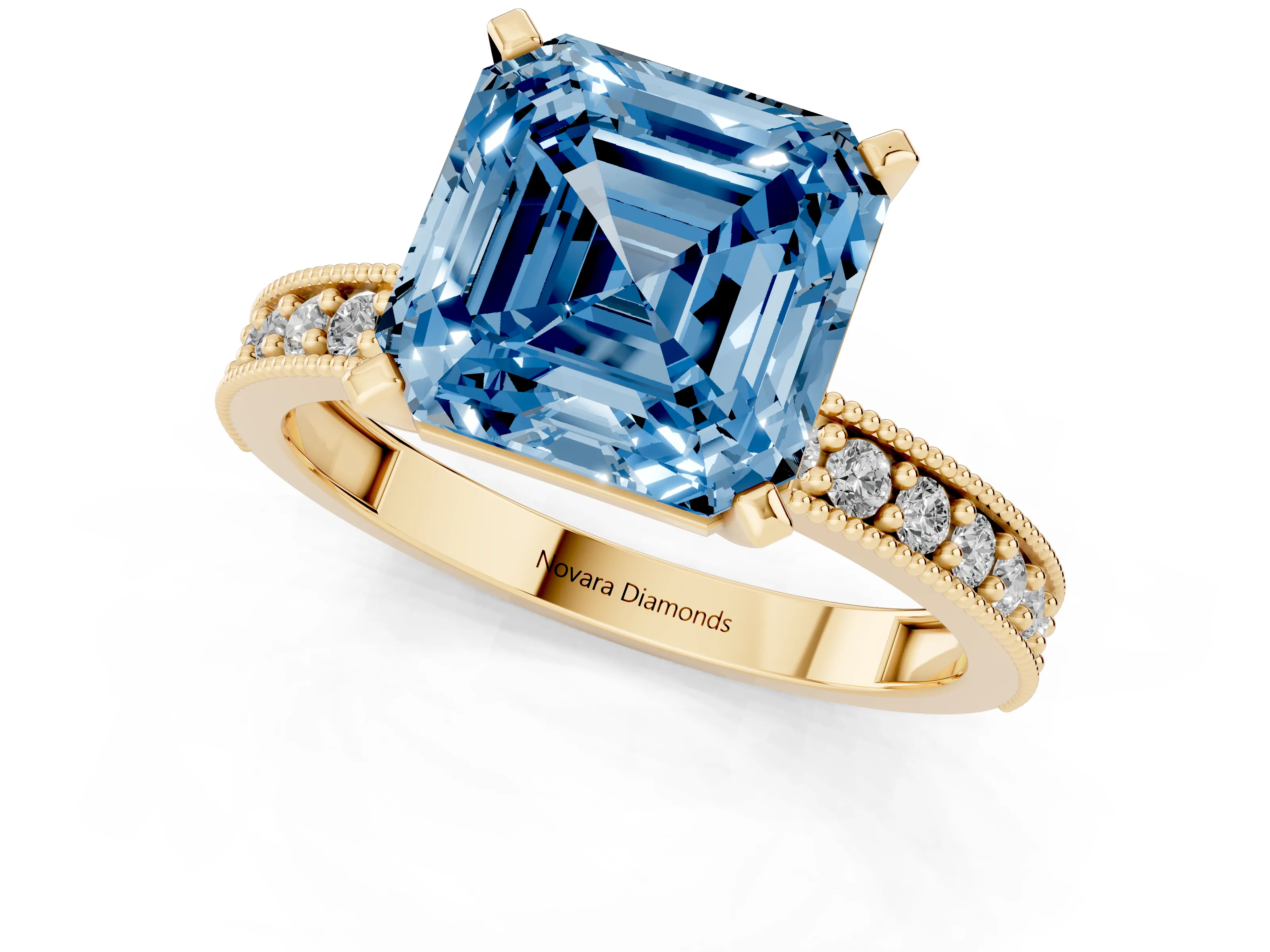 Fancy Blue Asscher Cut Diamond Milgrain Pavé Engagement Ring Set in Yellow gold with Prong Setting