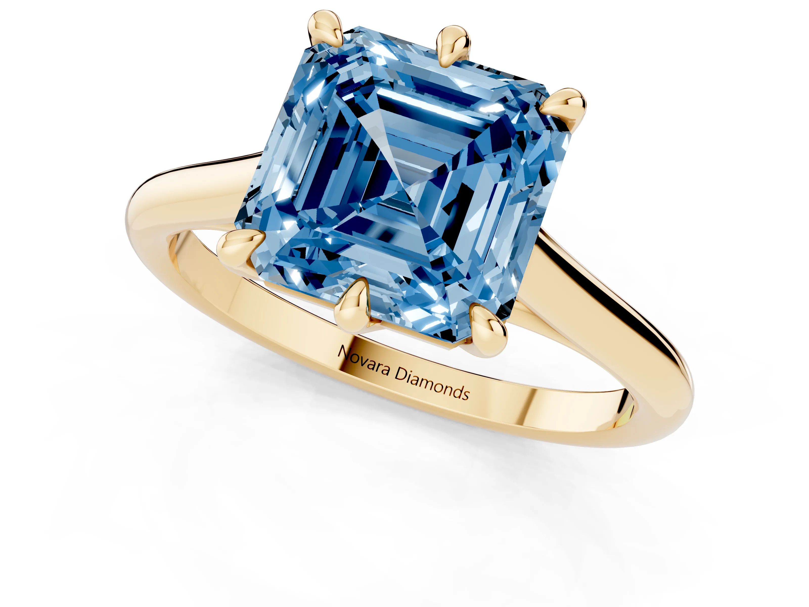 Fancy Blue Asscher Cut Diamond Solitaire Engagement Ring Set in Yellow gold with Prong Setting and Plain Classic Band
