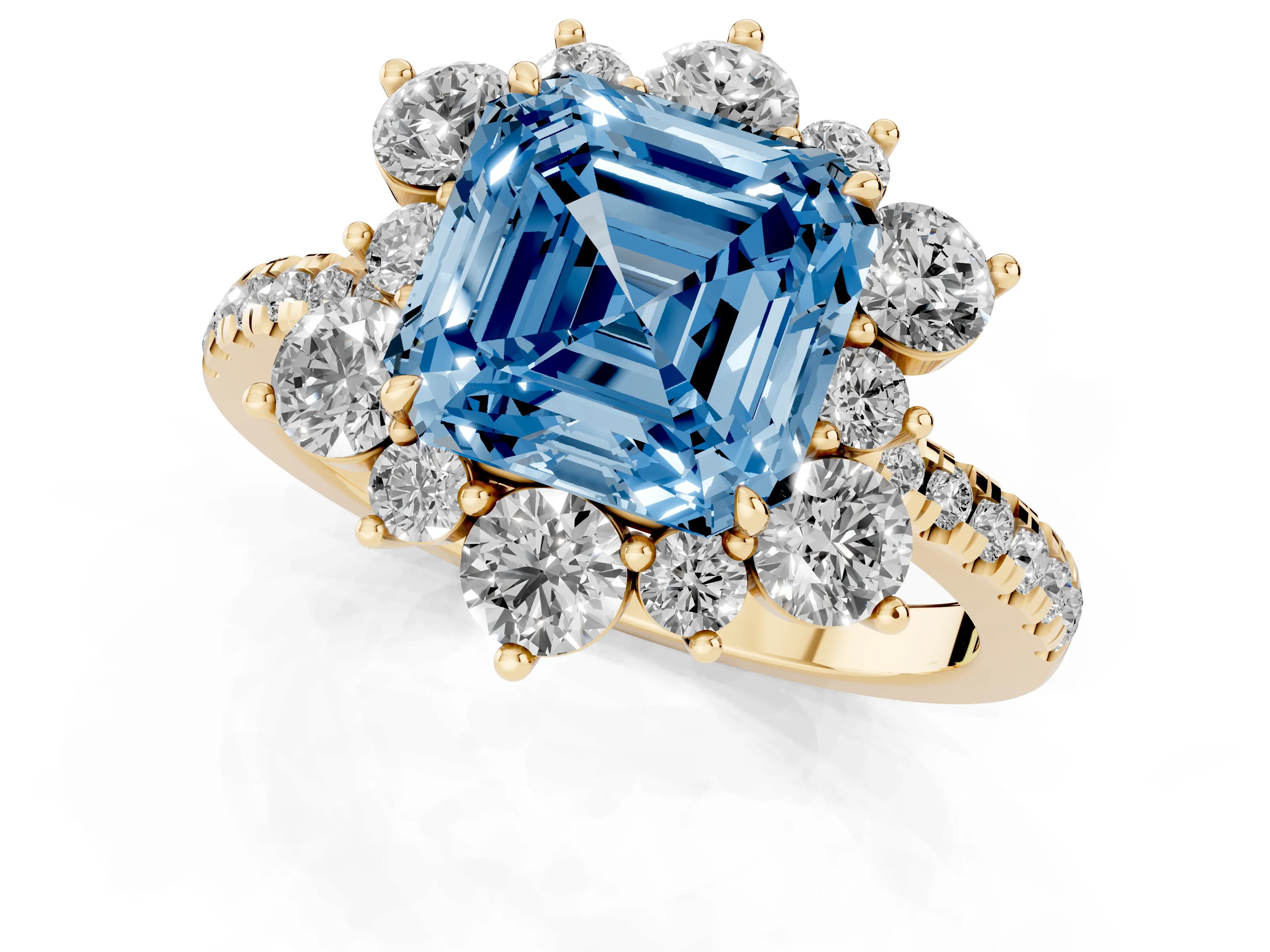 Fancy Blue Asscher Cut Diamond Floral Halo Ring Set in Yellow gold with Round Pavé Band and Prong Setting