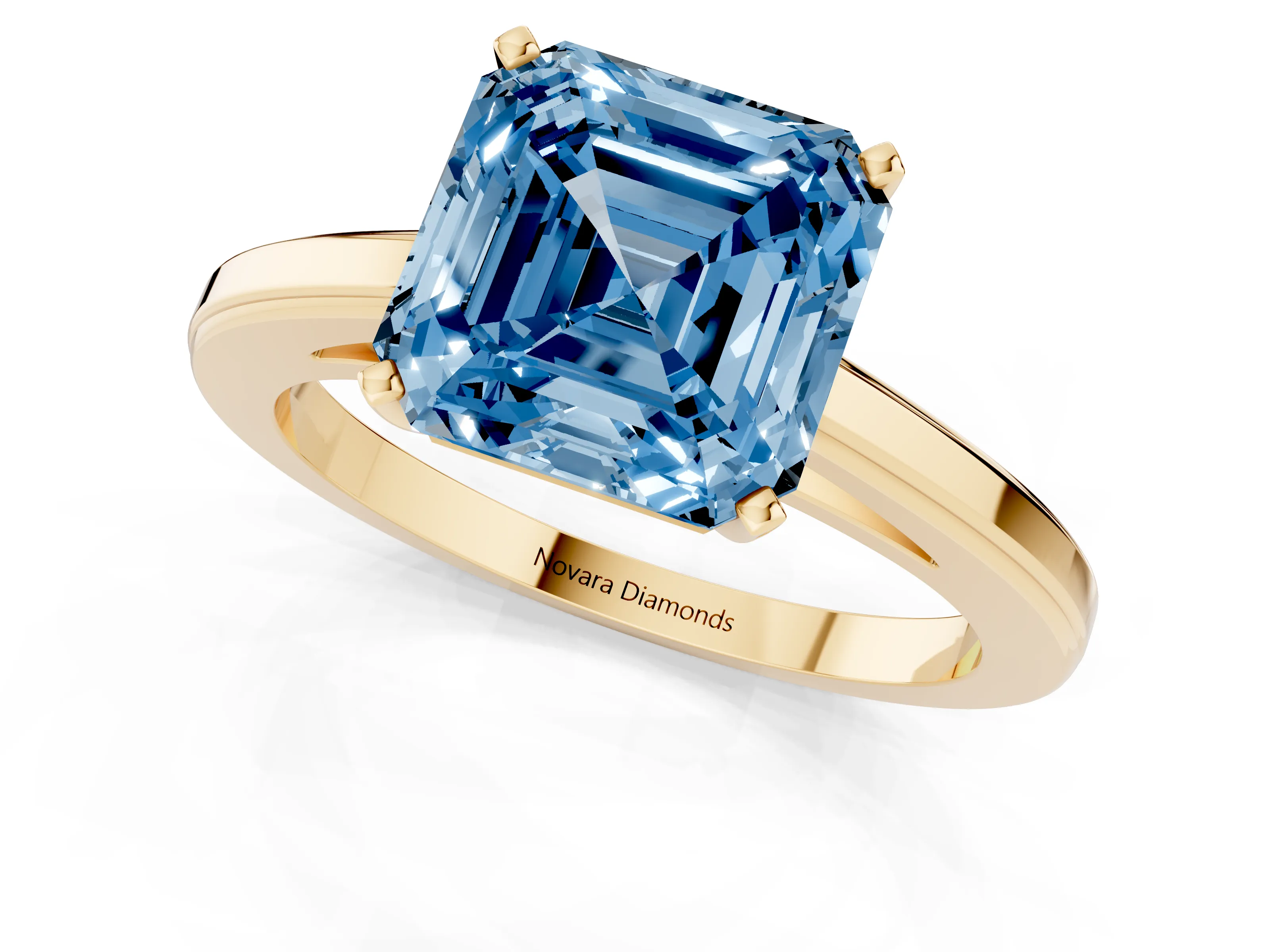 Fancy Blue Asscher Cut Diamond Solitaire Ring Set in Yellow gold with Prong Setting and Classic Band
