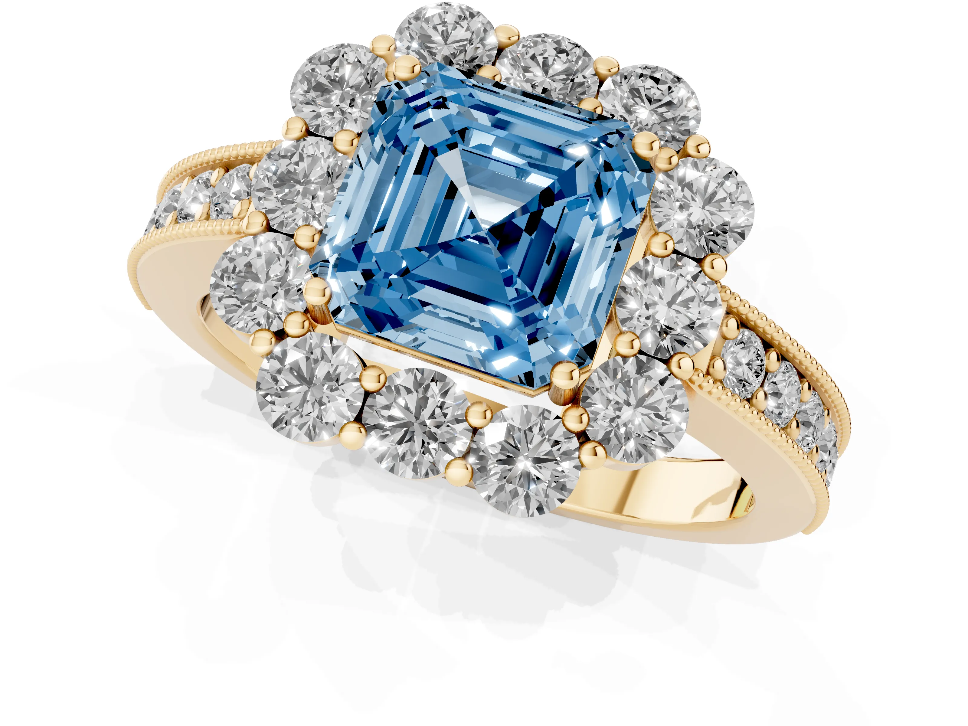 Fancy Blue Asscher Cut Diamond Halo Pavé Engagement Ring Set in Yellow gold with Milgrain Detailing