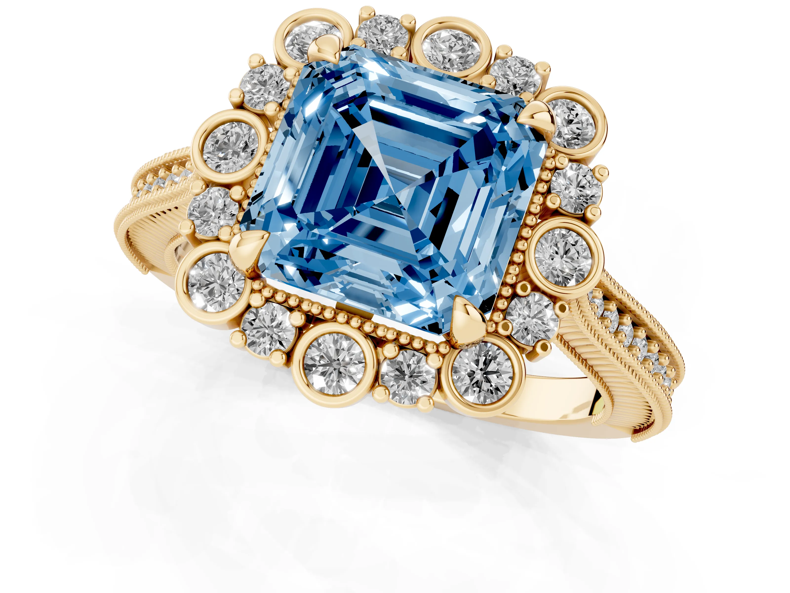 Fancy Blue Asscher Cut Diamond Halo Milgrain Pavé Ring Set in Yellow gold with Prong Setting