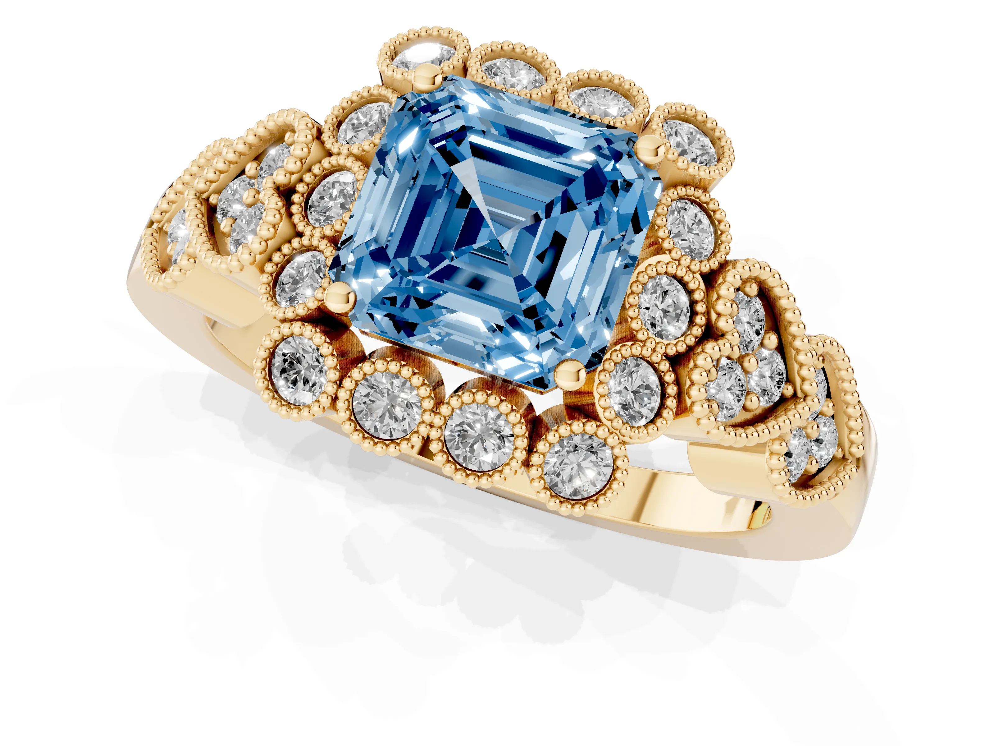 Fancy Blue Asscher Cut Diamond Solitaire Ring Set in Yellow gold with Milgrain Pavé Heart Band