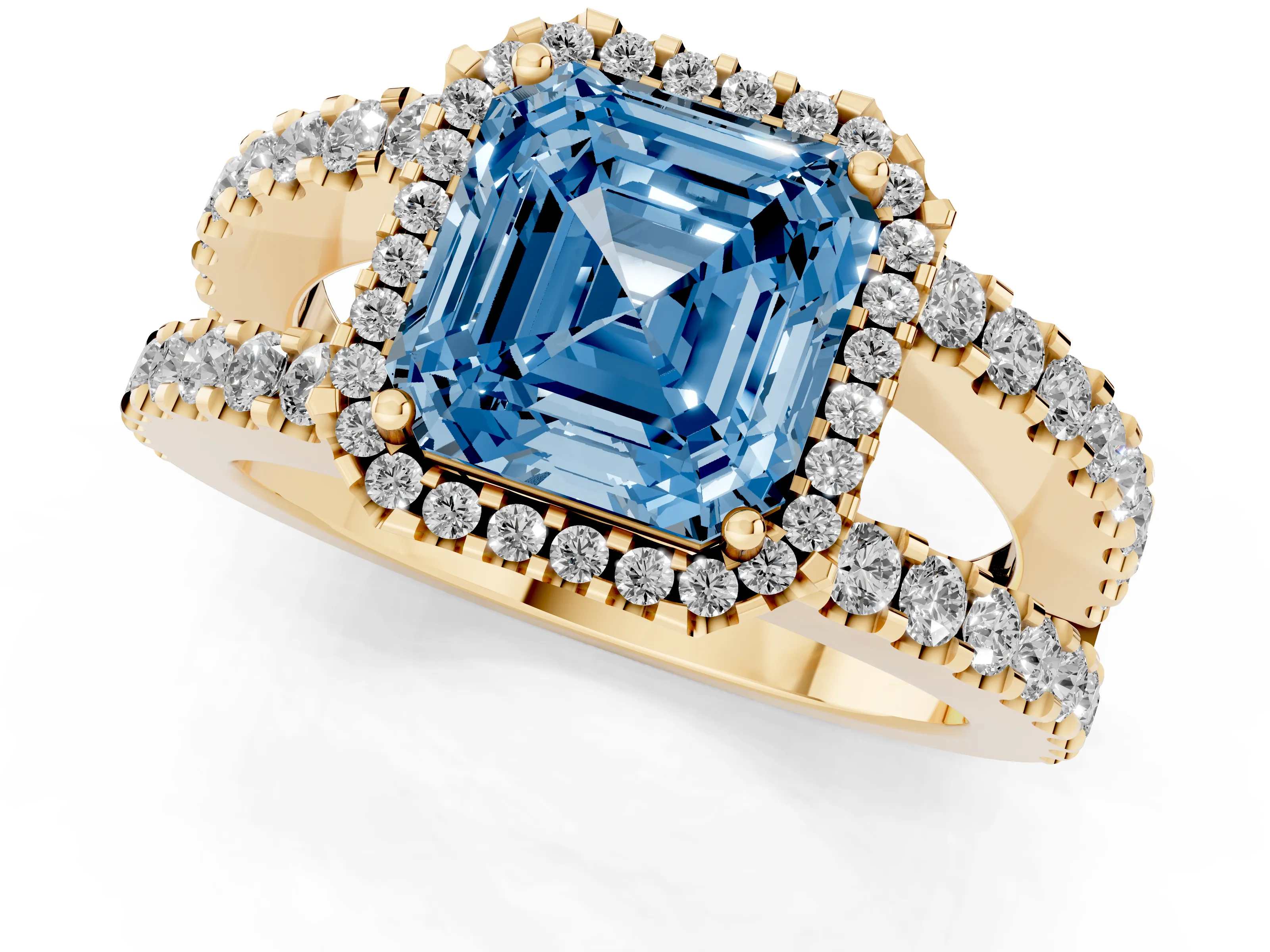 Fancy Blue Asscher Cut Diamond Halo Ring Set in Yellow gold with Pavé Split Shank and Prong Setting