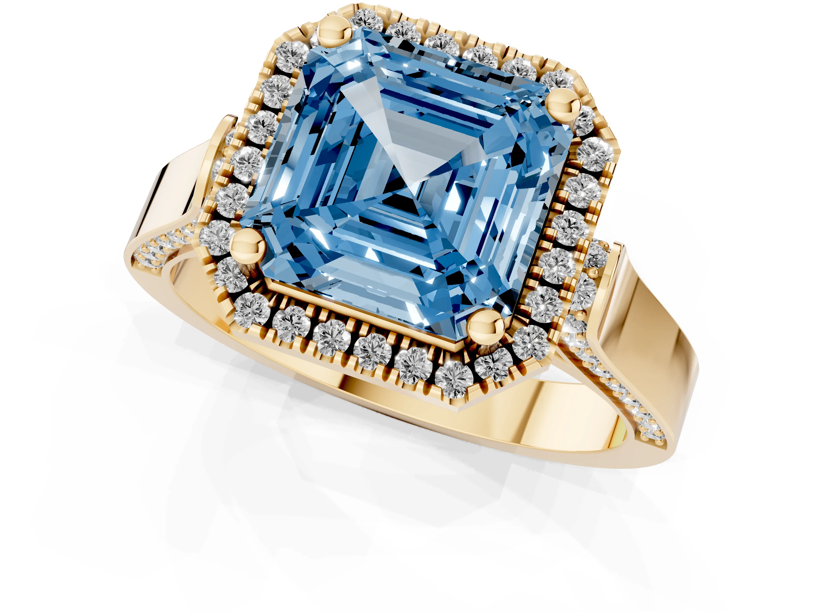 Fancy Blue Asscher Cut Diamond Halo Ring Set in Yellow gold with Pavé-Lined Split Shank Band