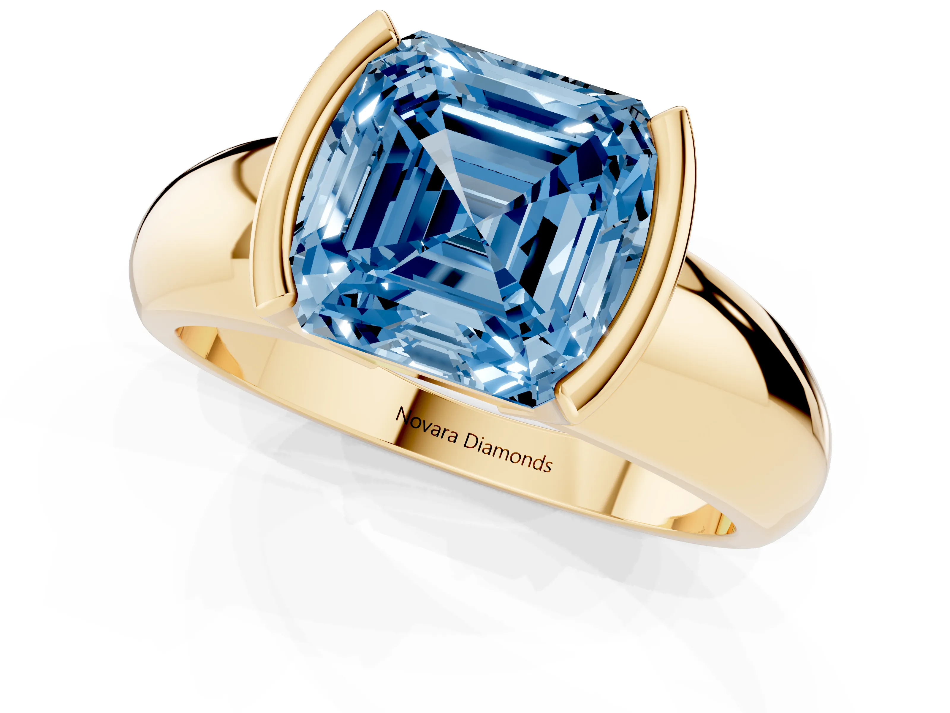 Fancy Blue Asscher Cut Diamond Solitaire Tension Set Ring Set in Yellow gold with Wide Band