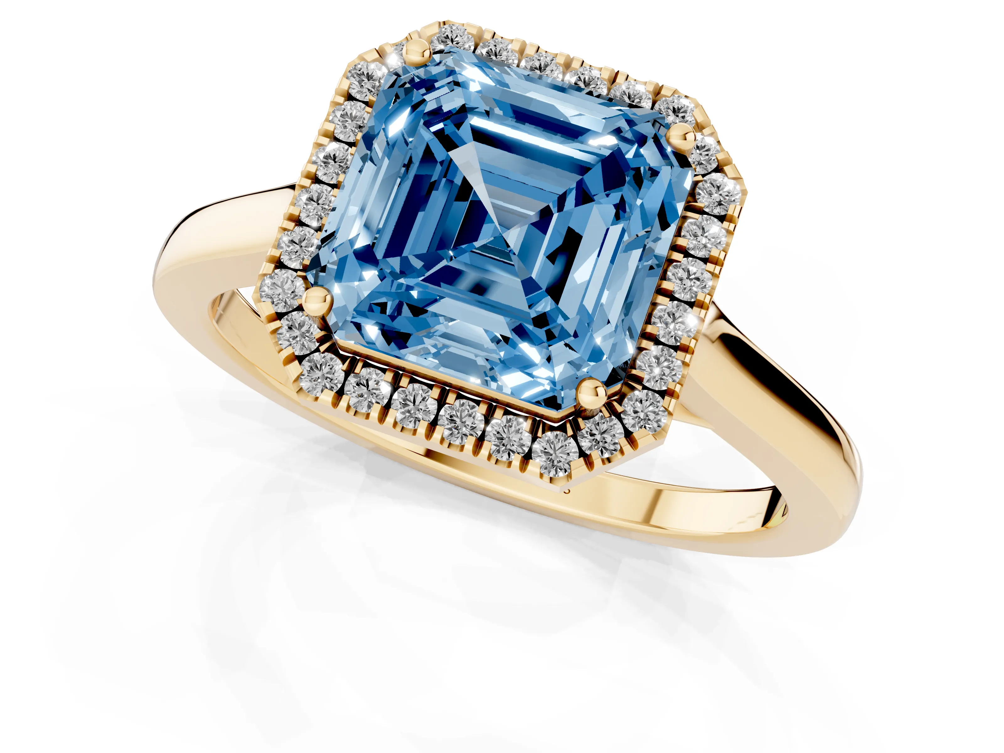 Fancy Blue Asscher Cut Halo Round Diamond Solitaire Ring Set in Yellow gold with Pavé Band and Prong Setting