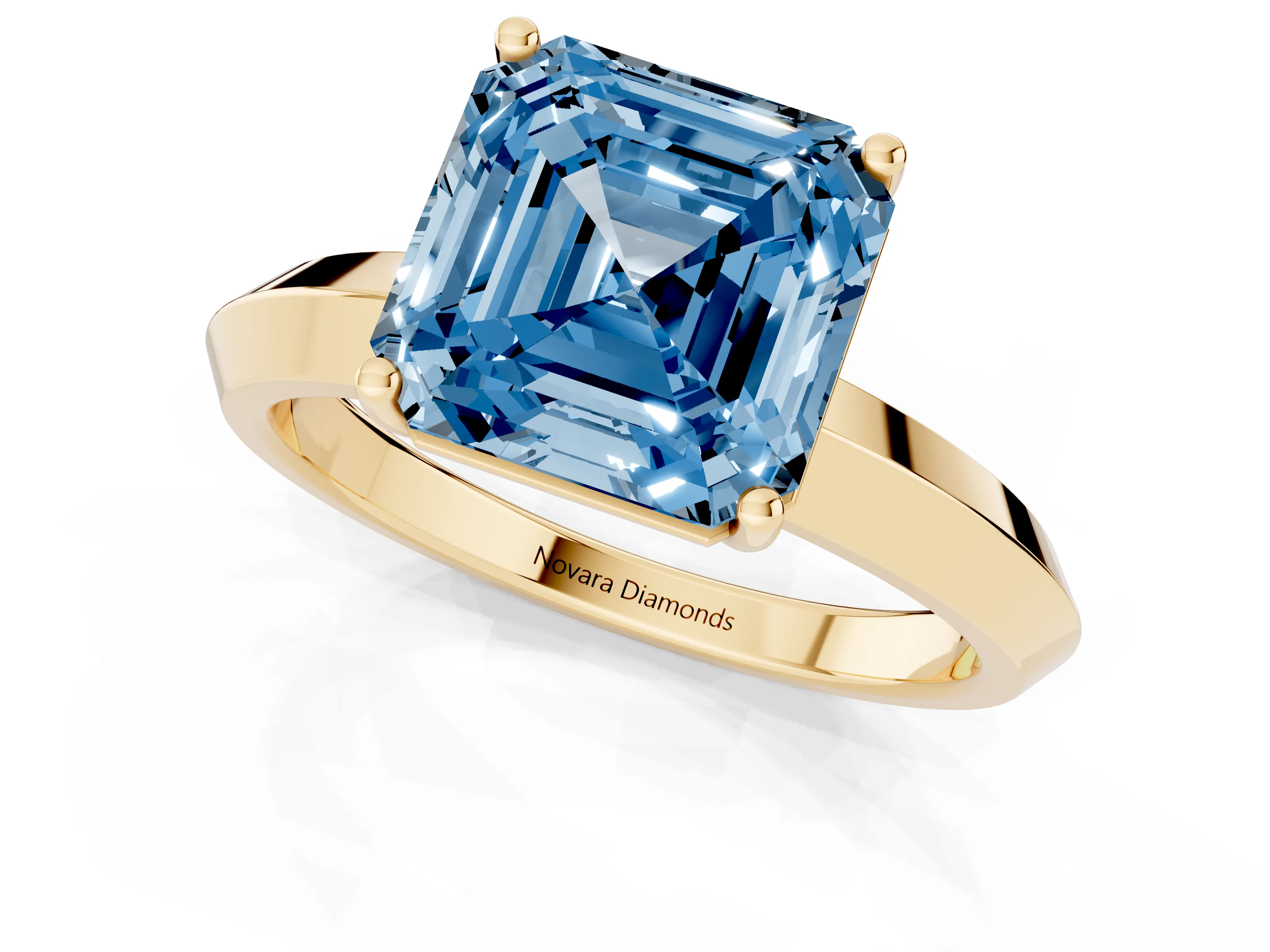 Fancy Blue Asscher Cut Diamond Solitaire Engagement Ring Set in Yellow gold with Flat Band and Prong Setting