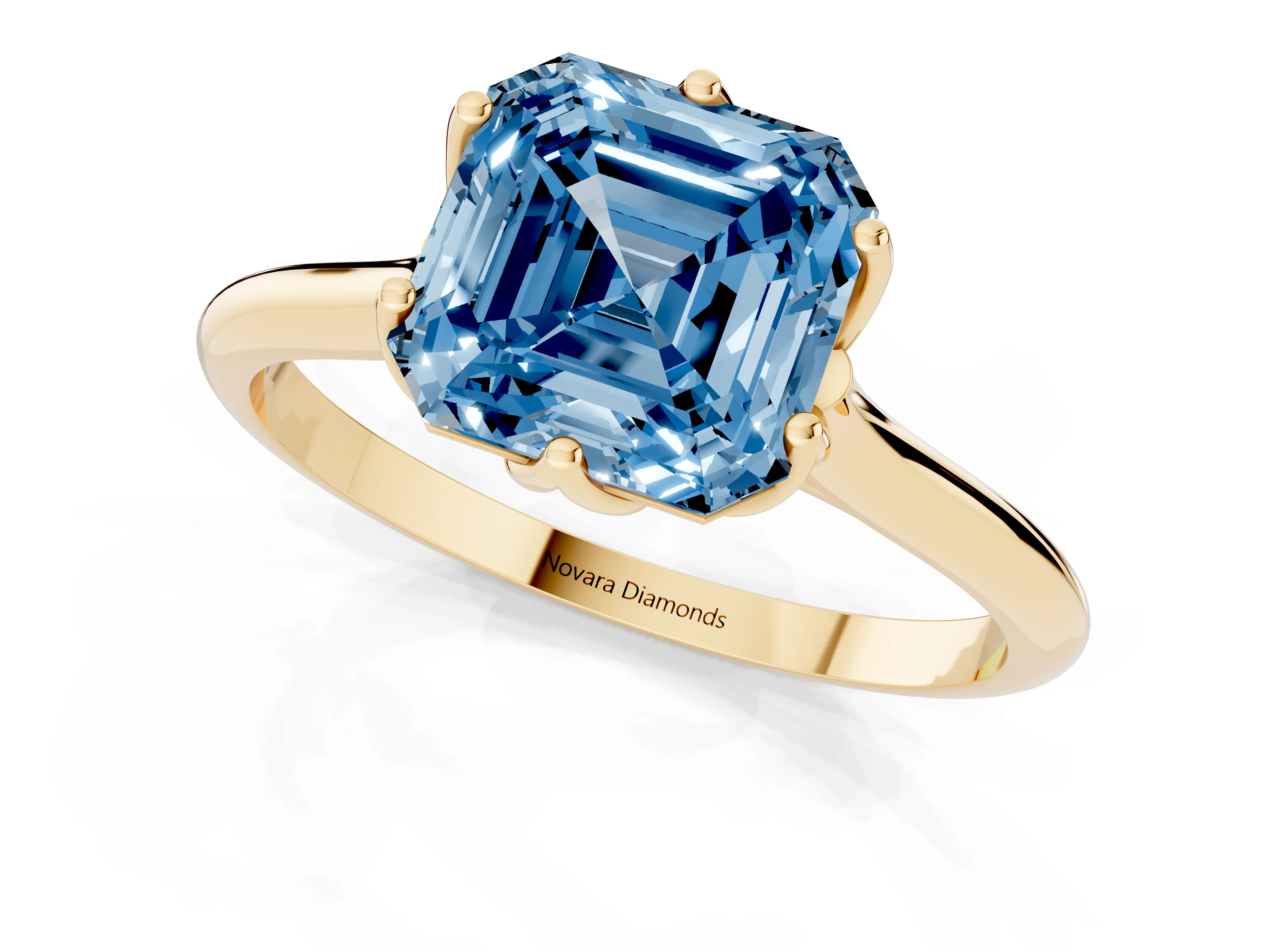 Fancy Blue Asscher Cut Diamond Solitaire Cathedral Ring Set in Yellow gold with Prong Setting
