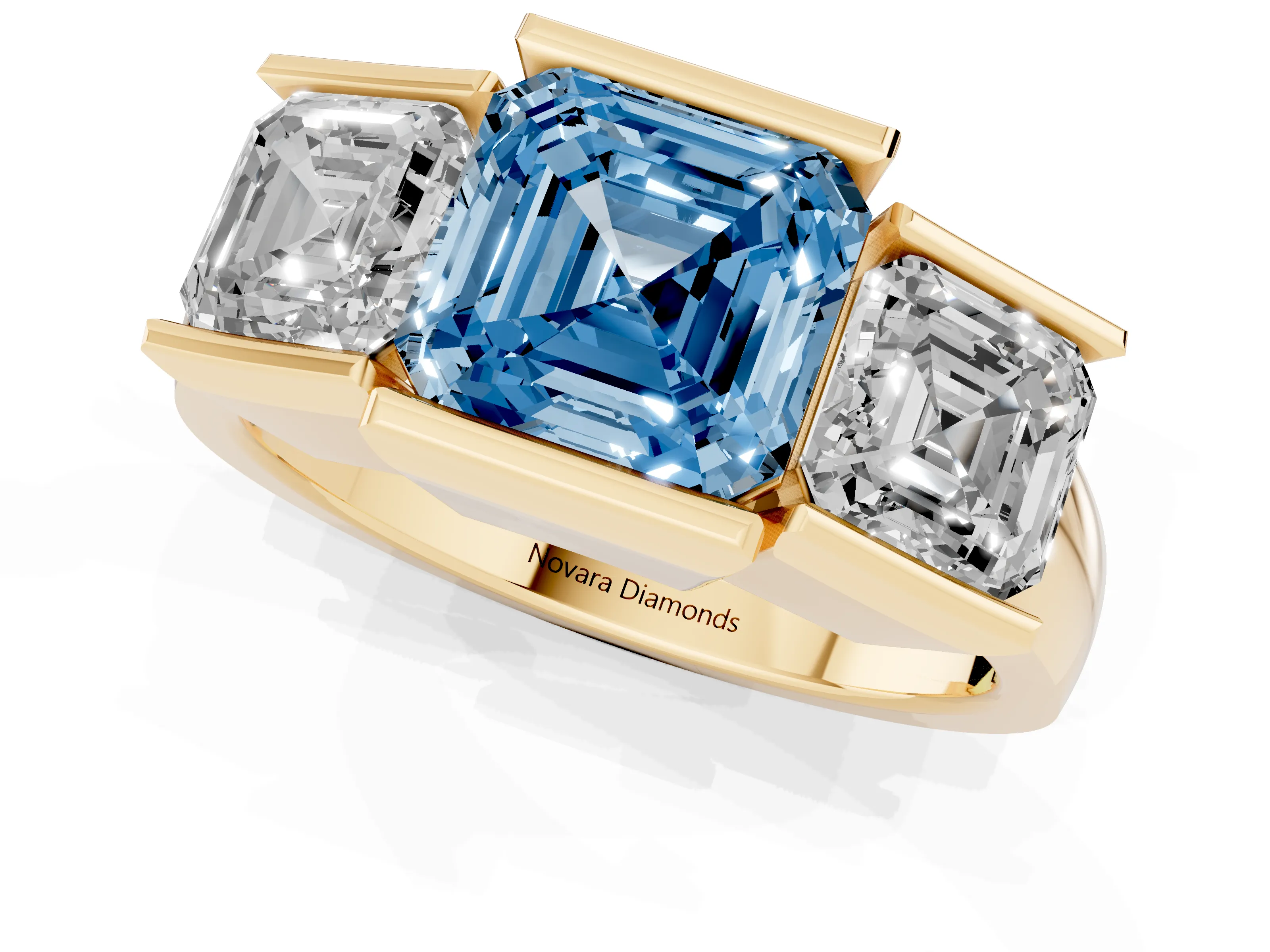 Fancy Blue Asscher Cut Diamond Three-Stone Channel Set Ring Set in Yellow gold with Smooth Polished Band
