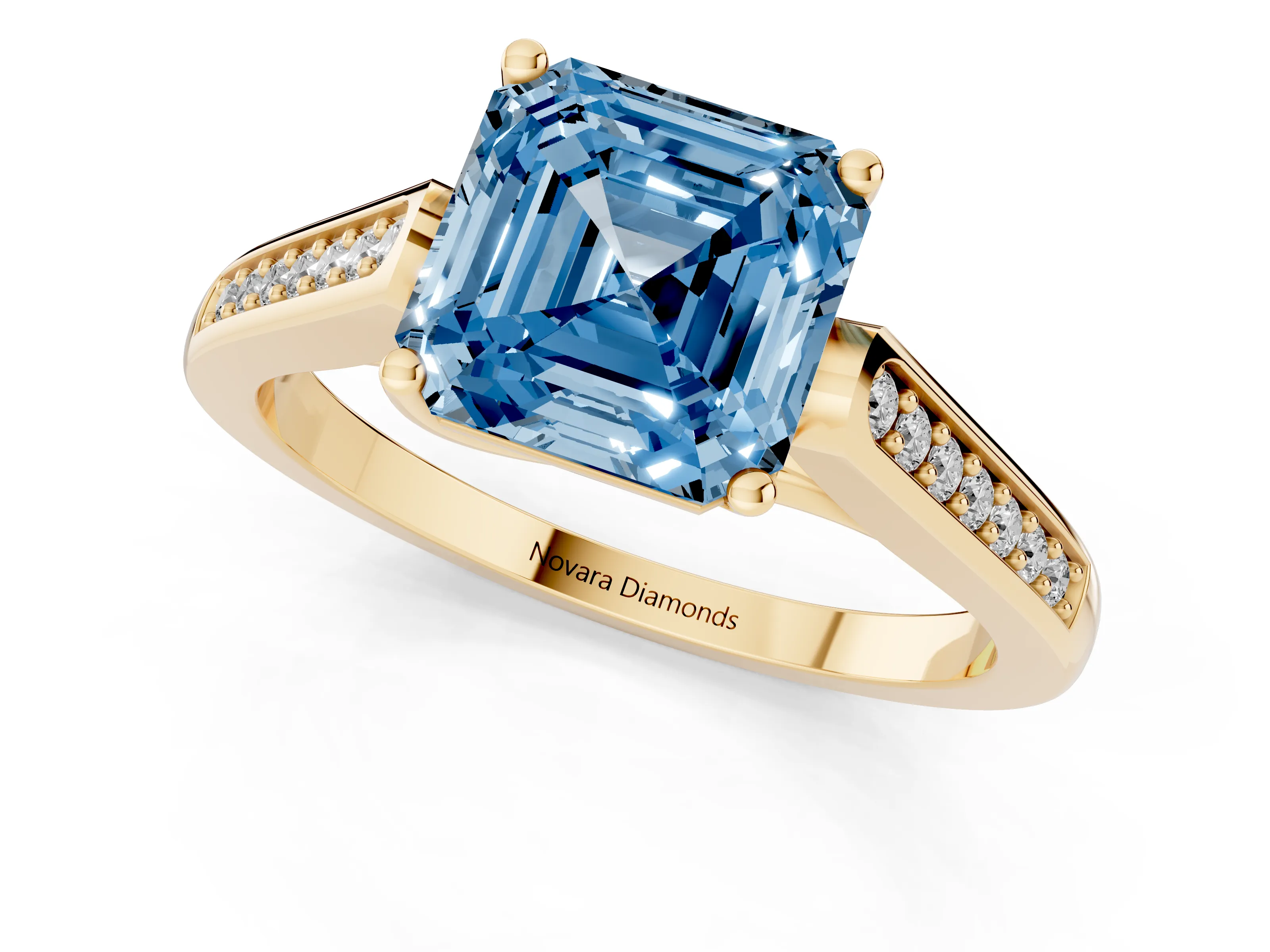 Fancy Blue Asscher Cut Diamond Solitaire Cathedral Engagement Ring Set in Yellow gold with Channel-Set Band and Prong Setting