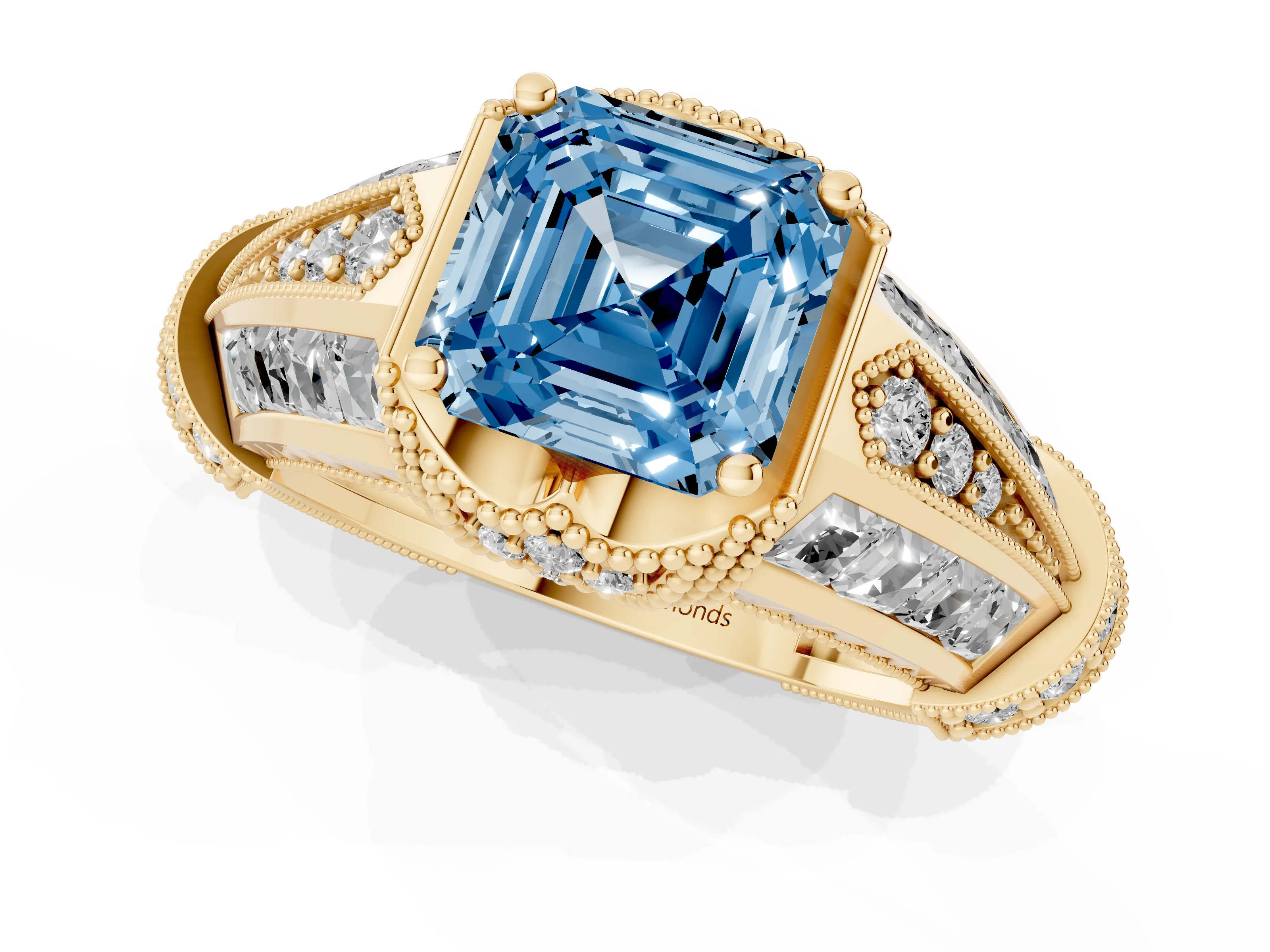 Fancy Blue Asscher Cut Diamond Vintage-Inspired Milgrain Ring Set in Yellow gold with Accent Split Shank