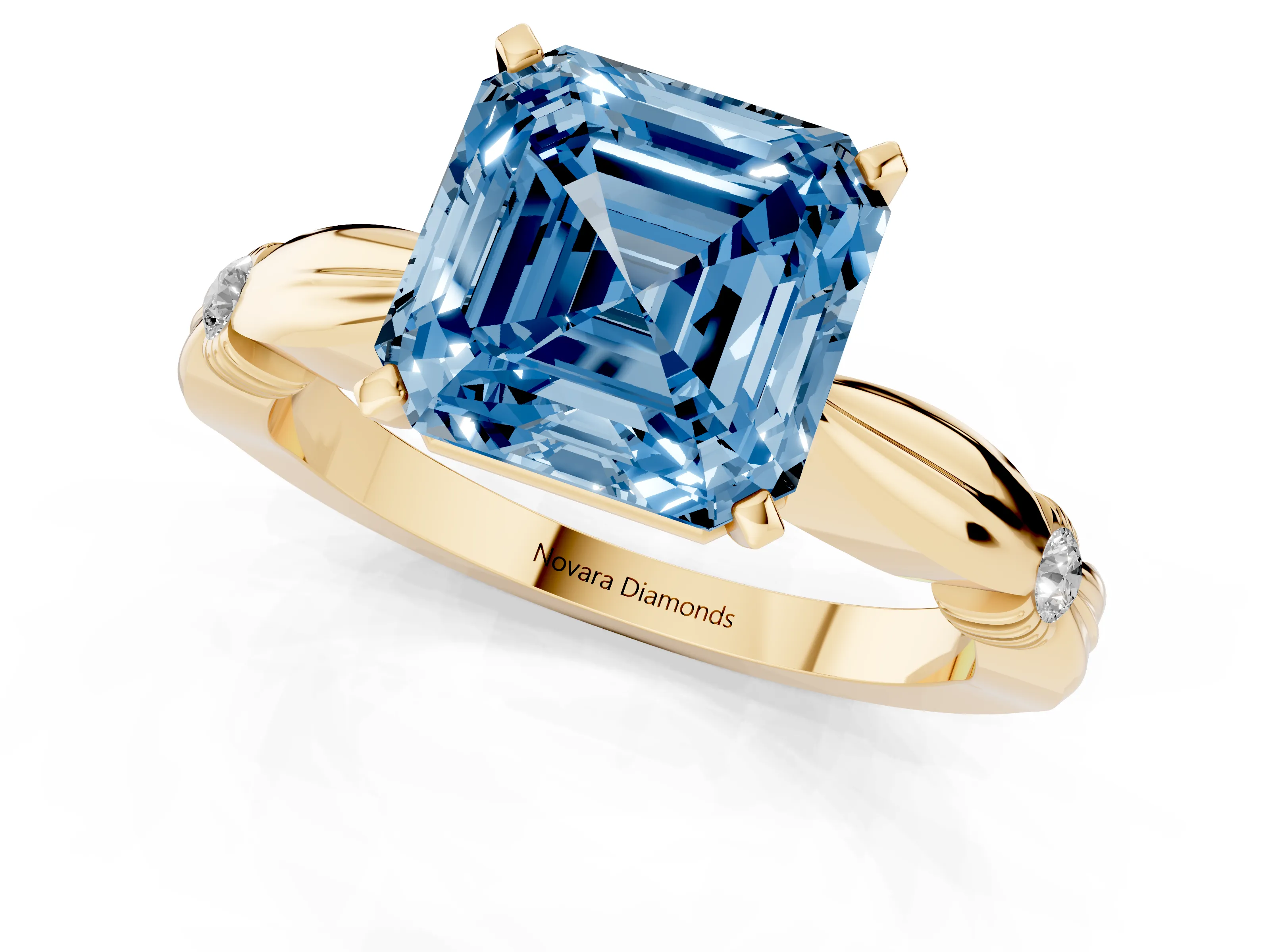 Fancy Blue Asscher Cut Diamond Solitaire Twisted Band Ring Set in Yellow gold with Accent Stones and Prong Setting
