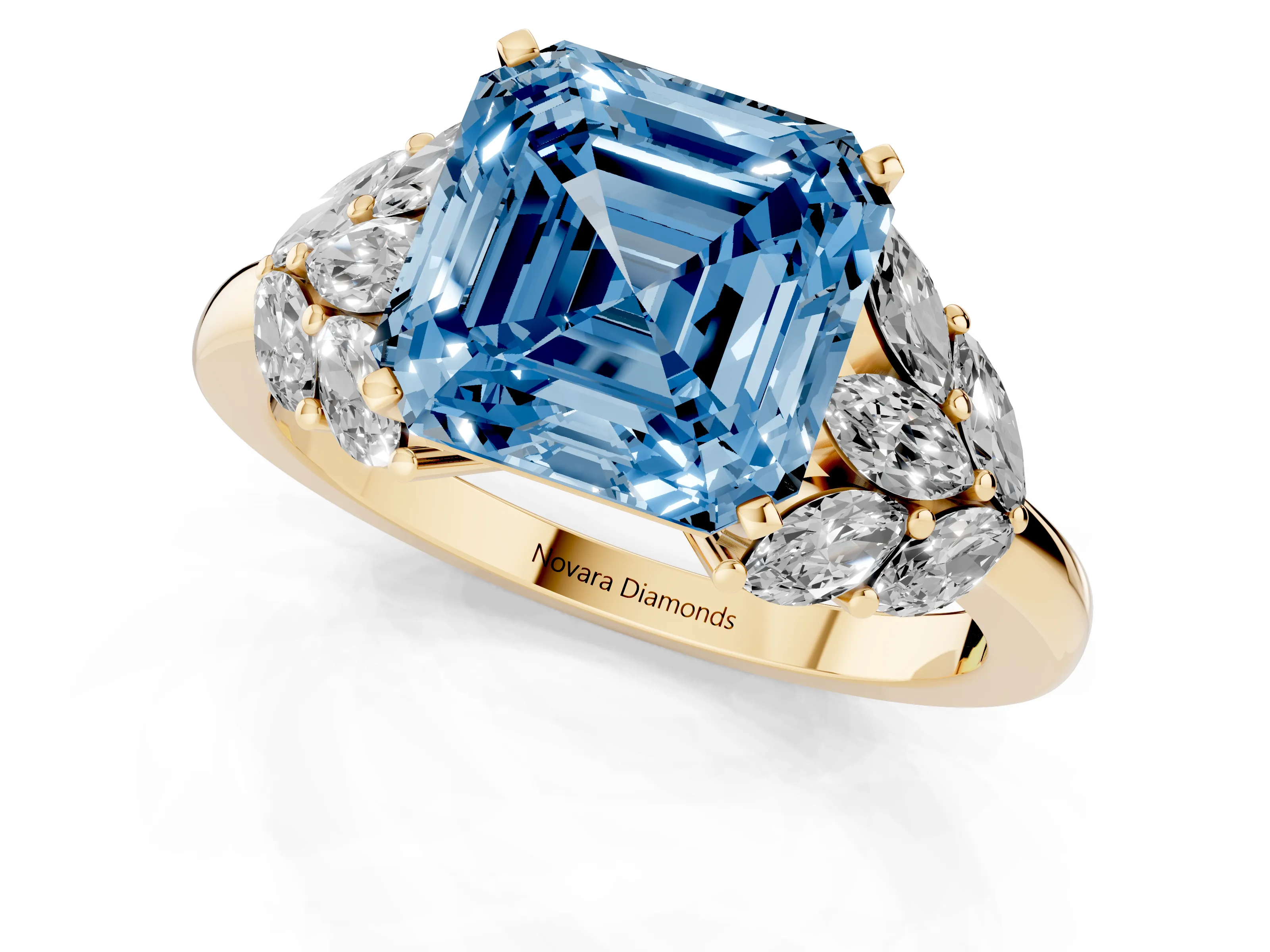 Fancy Blue Asscher Cut Diamond Cluster Leaf Design Ring Set in Yellow gold with Prong Setting