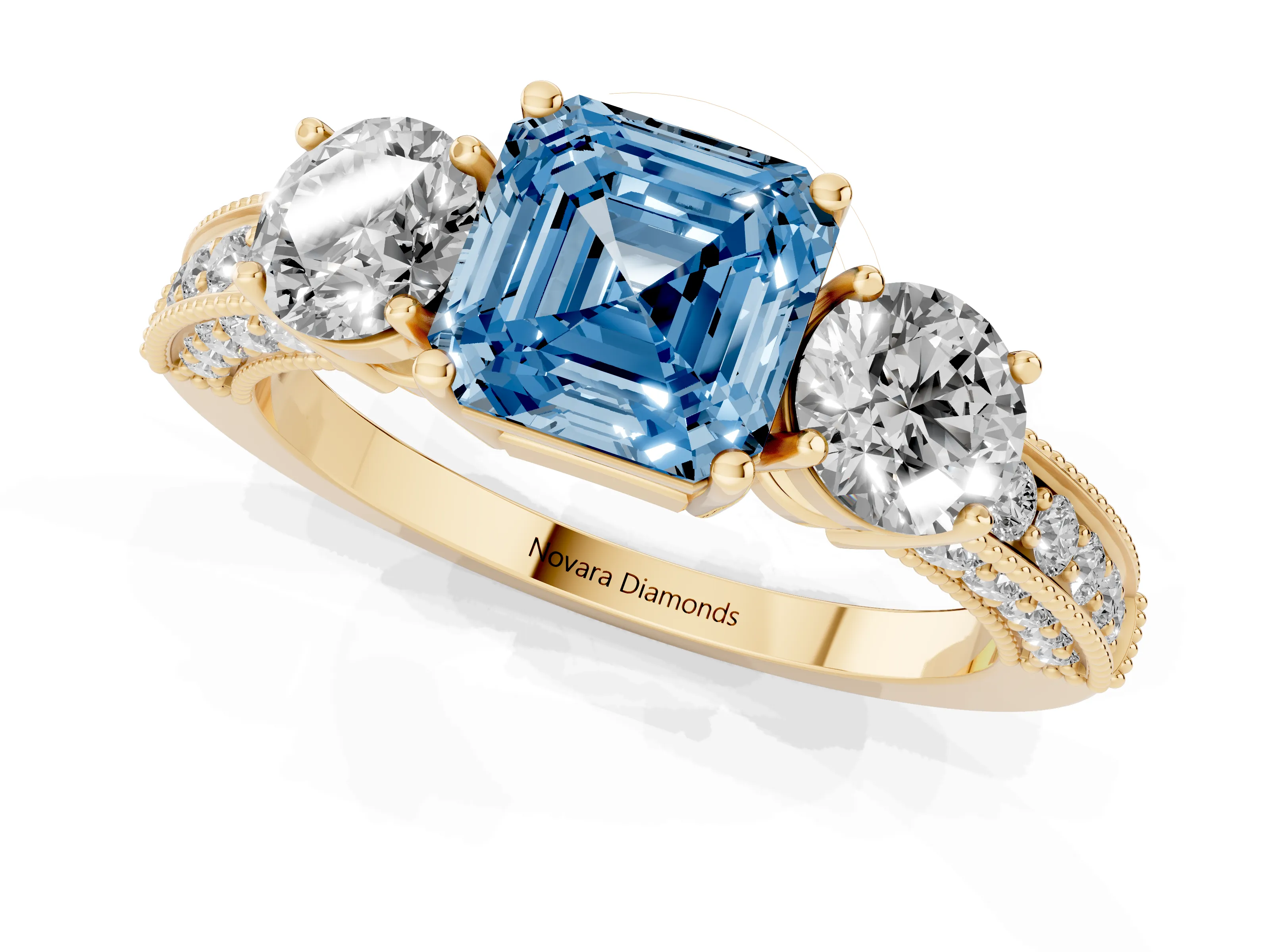 Fancy Blue Asscher Cut Diamond Three-Stone Ring Set in Yellow gold with Round Side Stones and Pavé Band