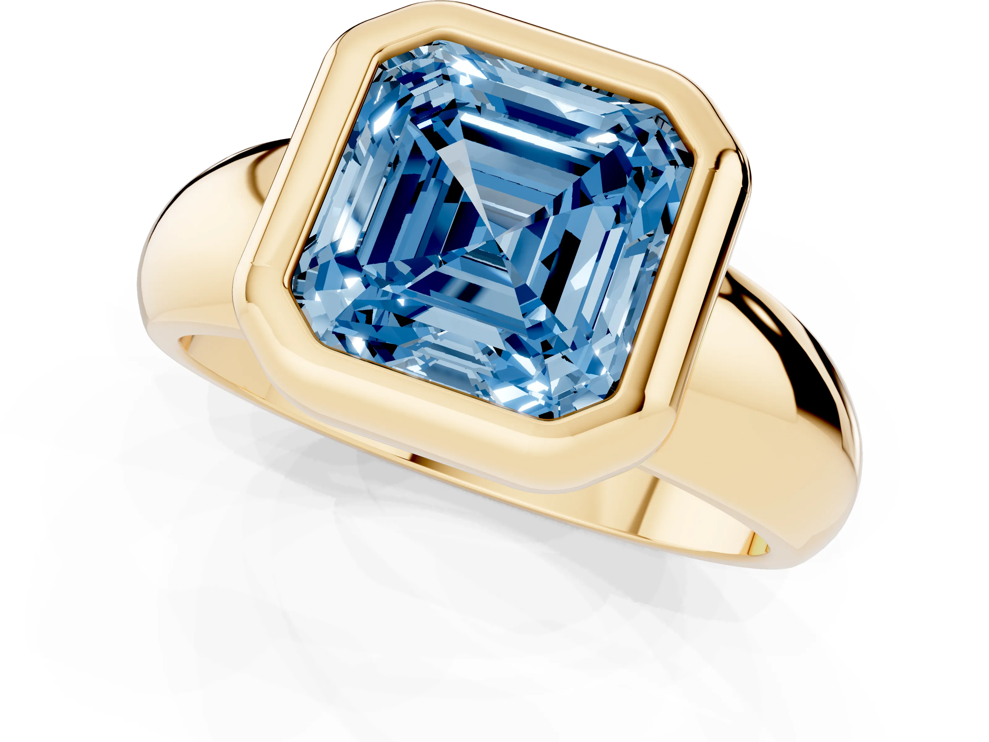 Fancy Blue Bezel Set Asscher Cut Diamond Solitaire Ring Set in Yellow gold with Wide Band