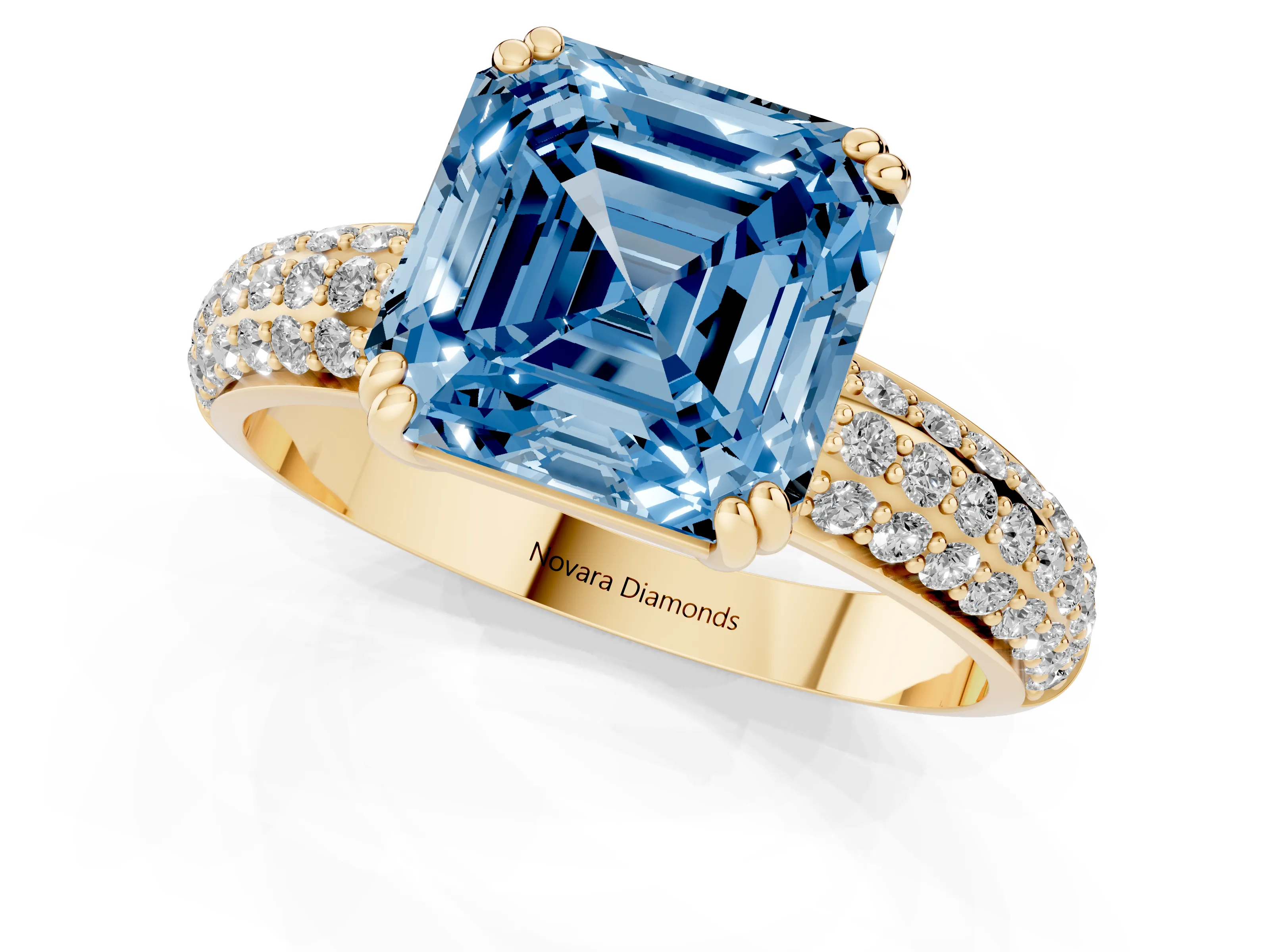 Fancy Blue Asscher Cut Diamond Solitaire Ring Set in Yellow gold with Multi-Row Round Pavé Band and Prong Setting