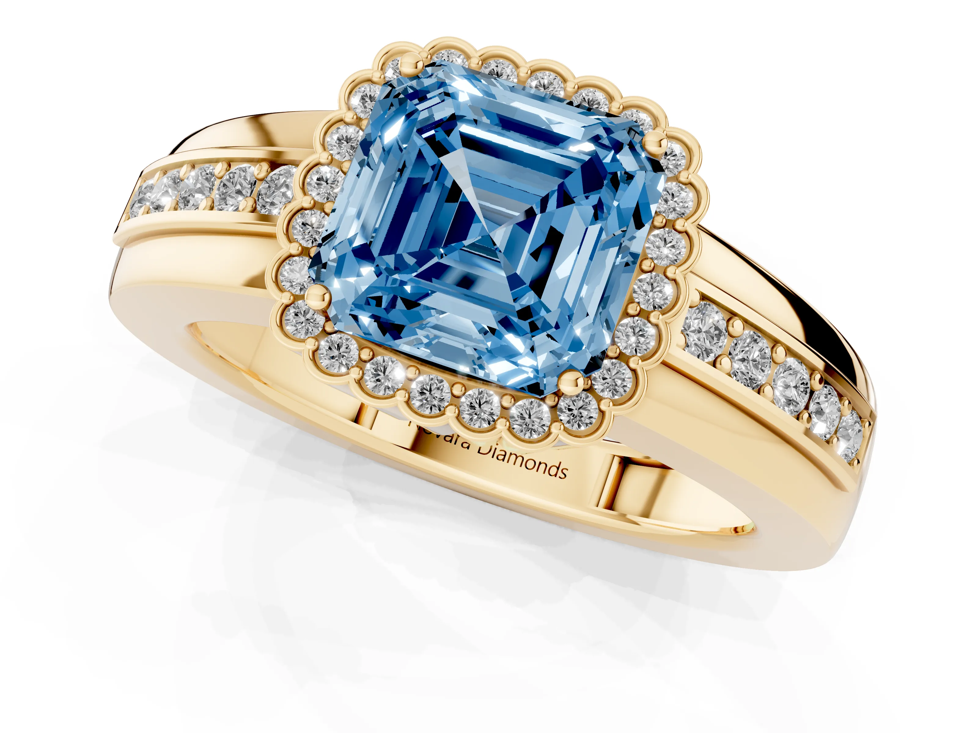 Fancy Blue Asscher Cut Diamond Halo Prong Ring Set in Yellow gold with Pavé Band