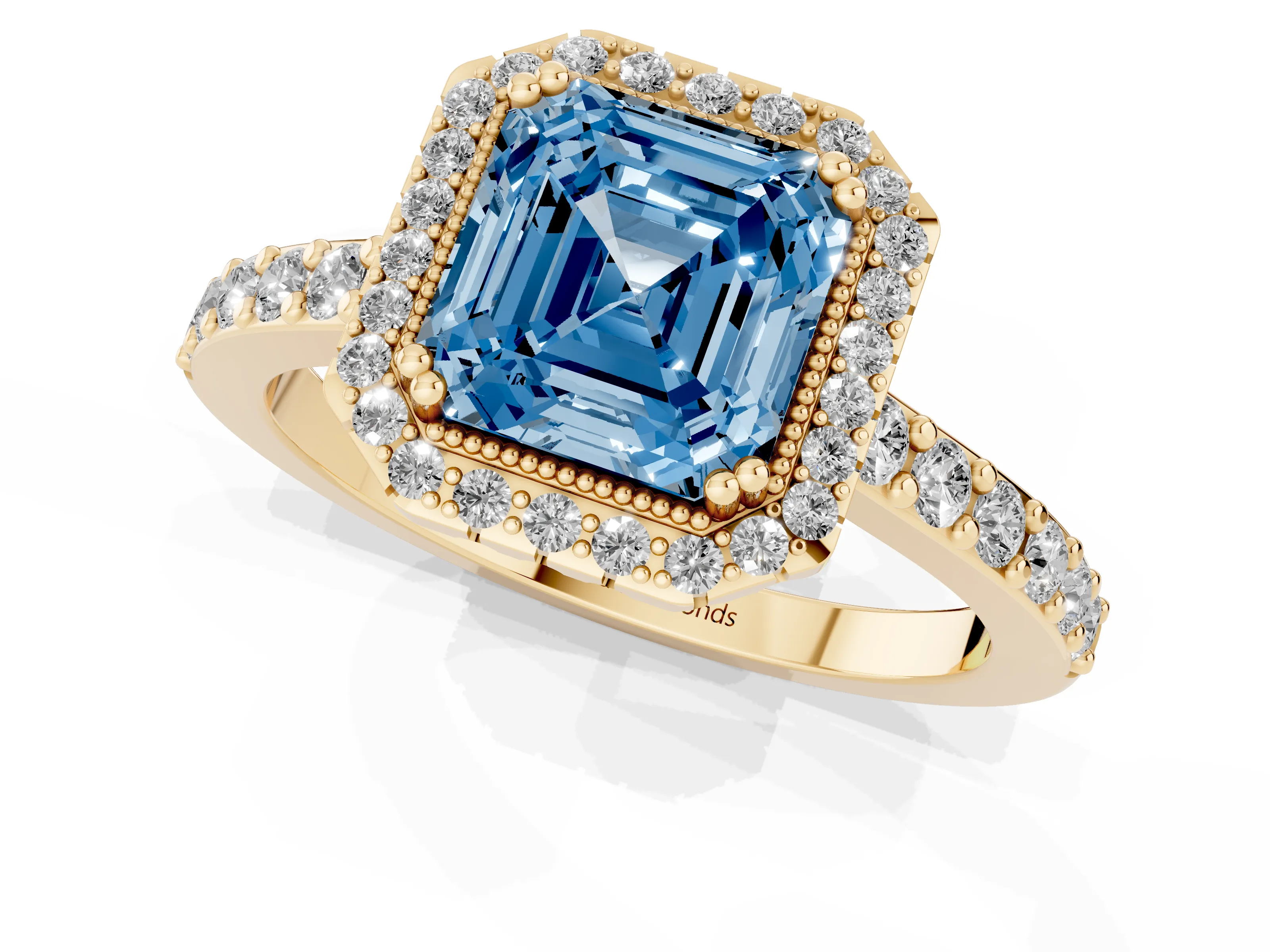 Fancy Blue Asscher Cut Diamond Halo Engagement Ring Set in Yellow gold with Milgrain Detail and Pavé Band