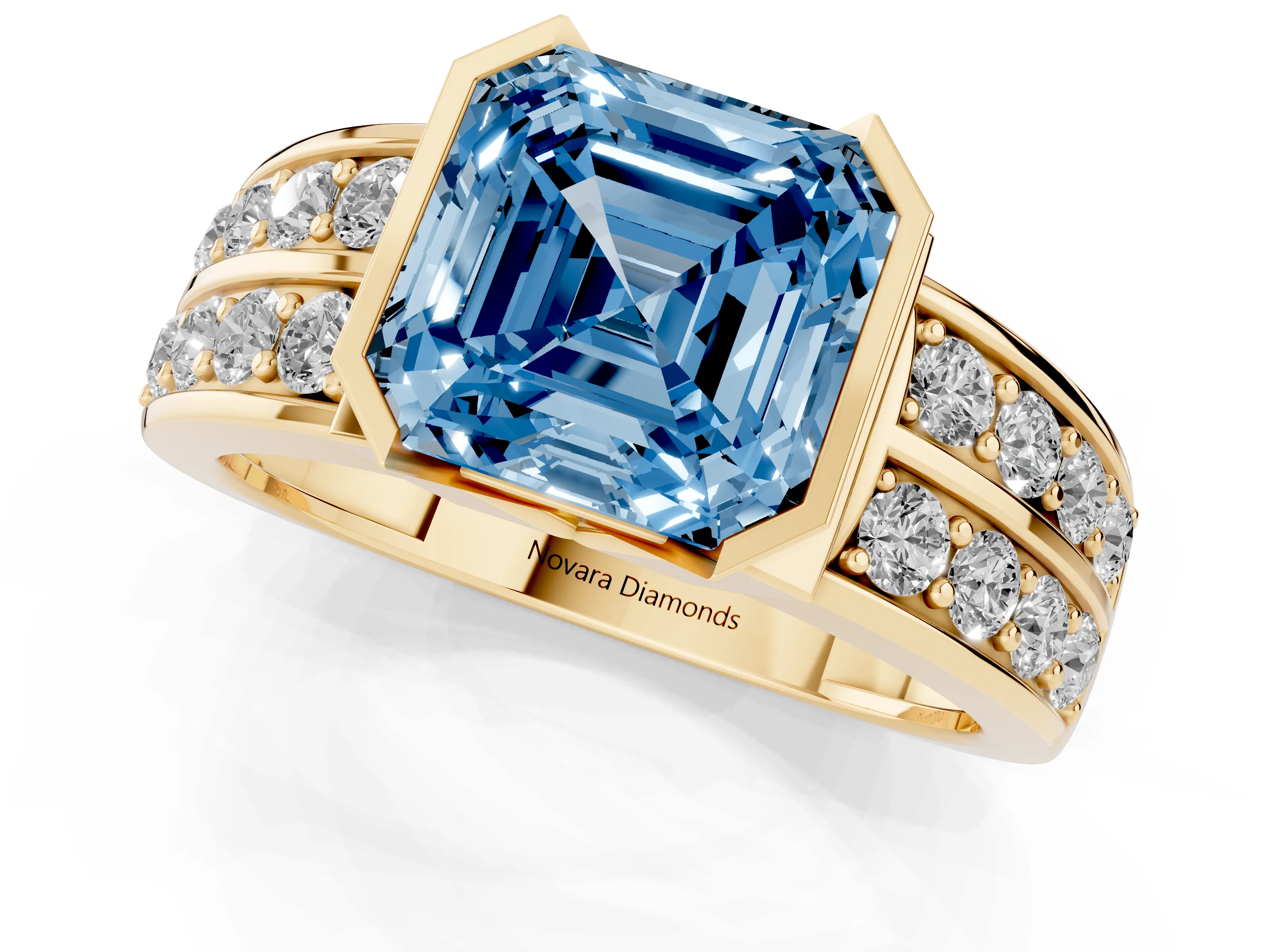 Fancy Blue Asscher Cut Diamond Wide Channel Set Band Ring Set in Yellow gold with Bezel Setting