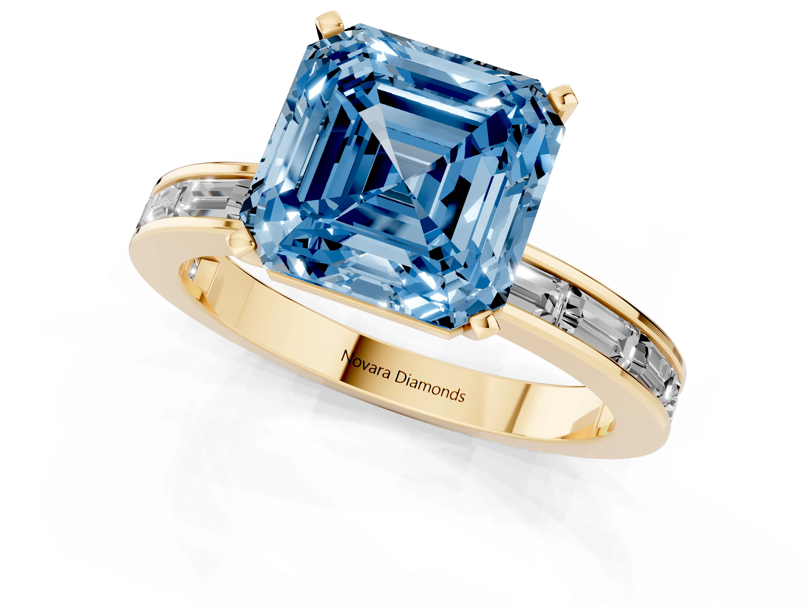 Fancy Blue Asscher Cut Diamond Solitaire Ring Set in Yellow gold with Channel-Set Baguette Band and Prong Setting