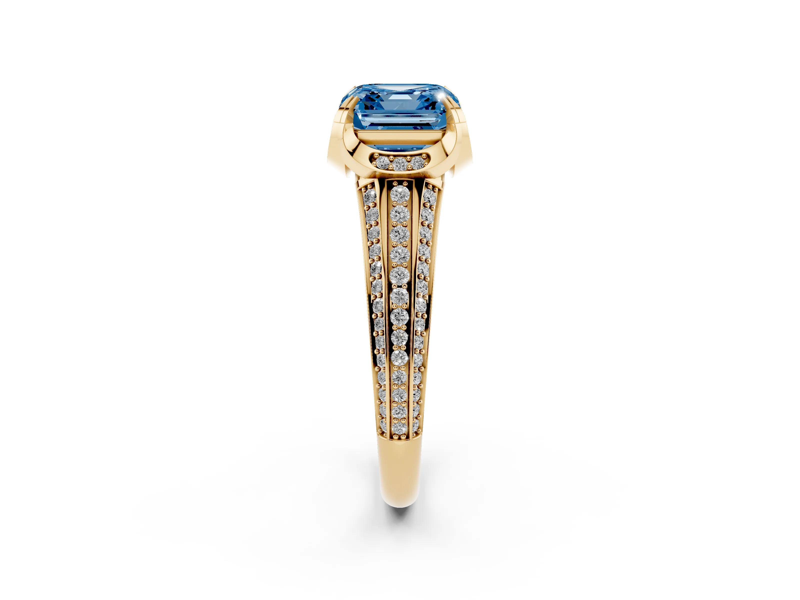 Fancy Blue Asscher Cut Diamond Pavé Split Shank Solitaire Ring Set in Yellow gold with Prong Setting