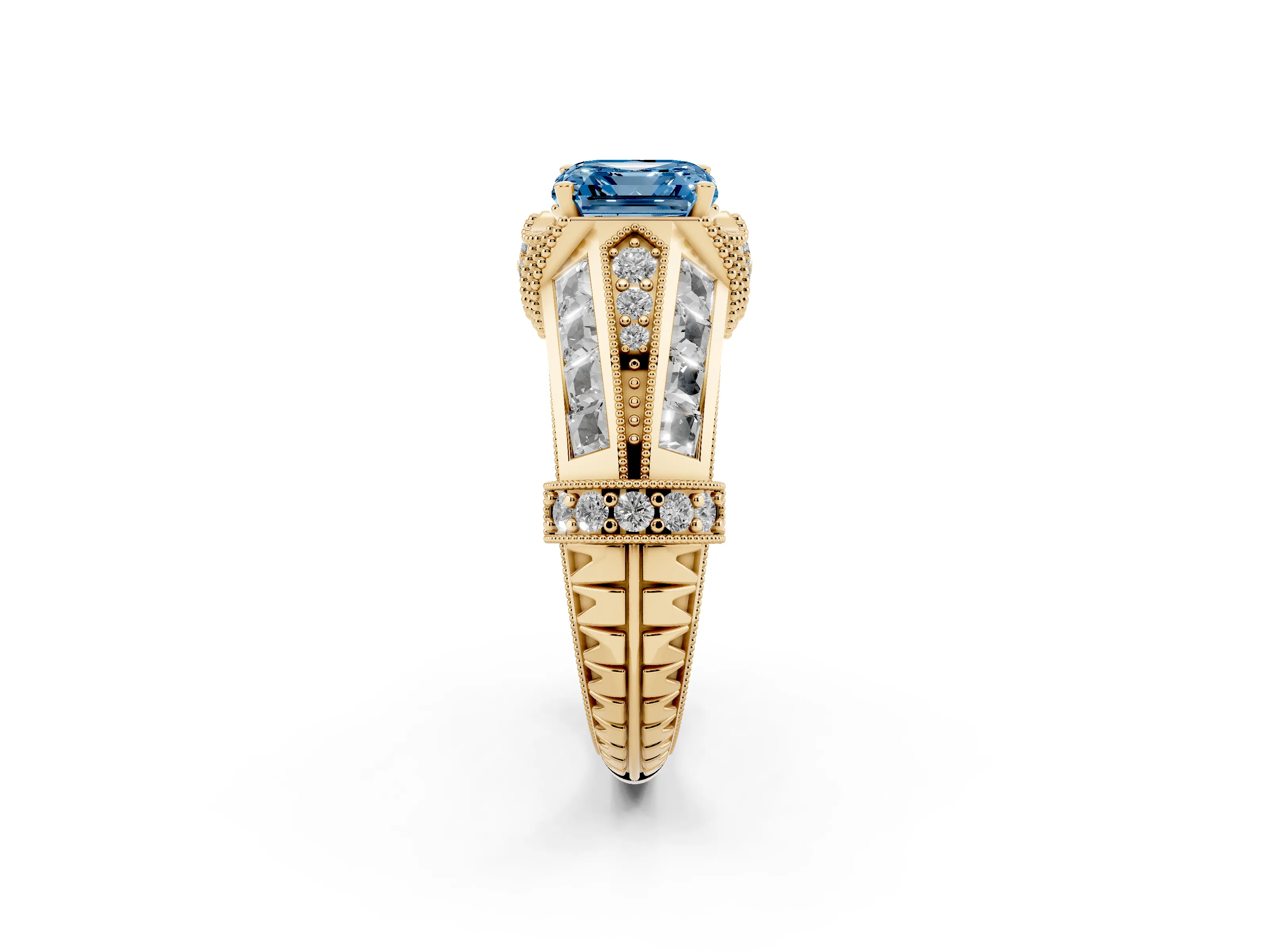 Fancy Blue Asscher Cut Diamond Vintage-Inspired Milgrain Ring Set in Yellow gold with Accent Split Shank