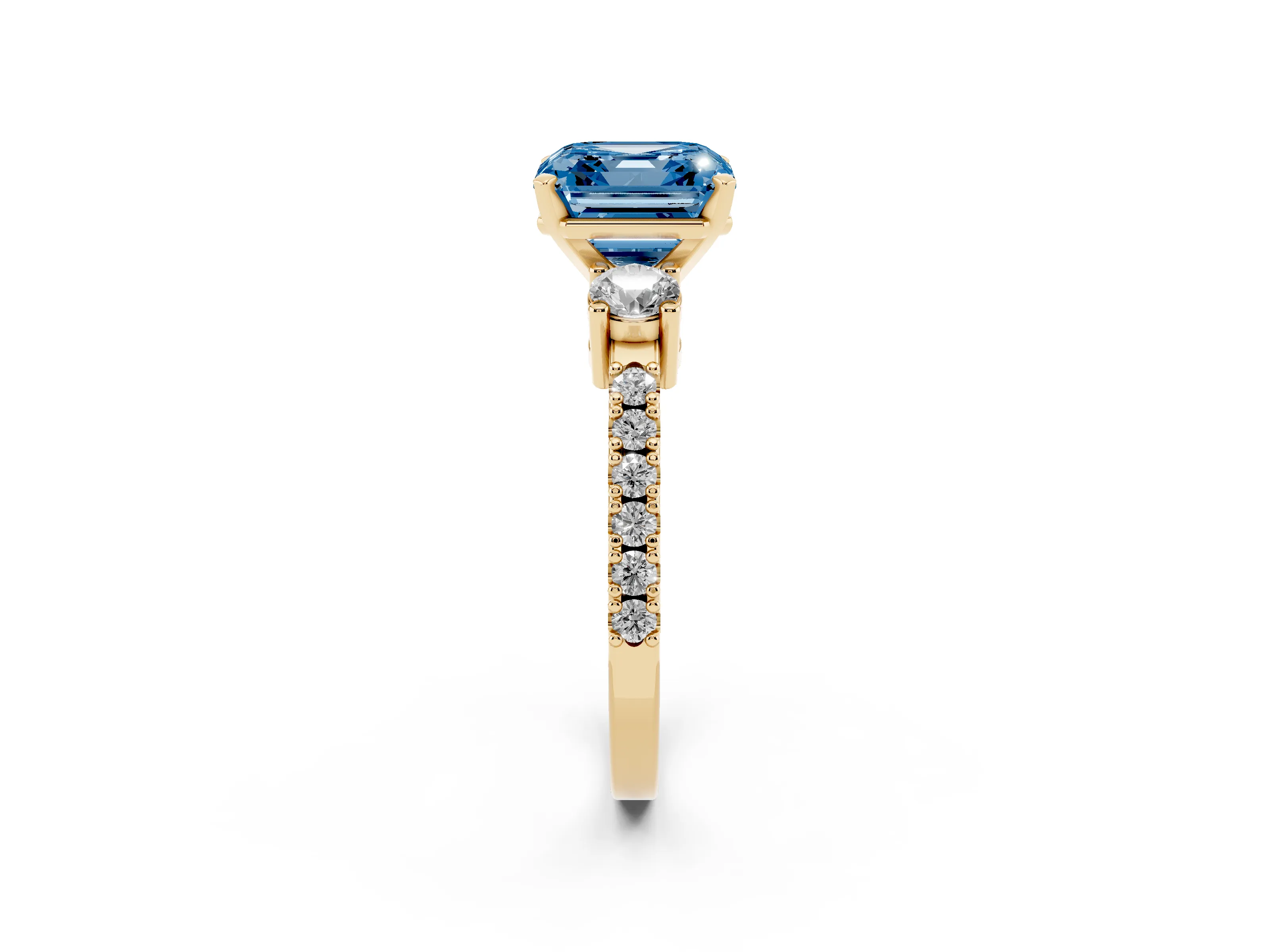 Fancy Blue Three-Stone Asscher Cut Diamond Pavé Band Ring Set in Yellow gold with Prong Setting