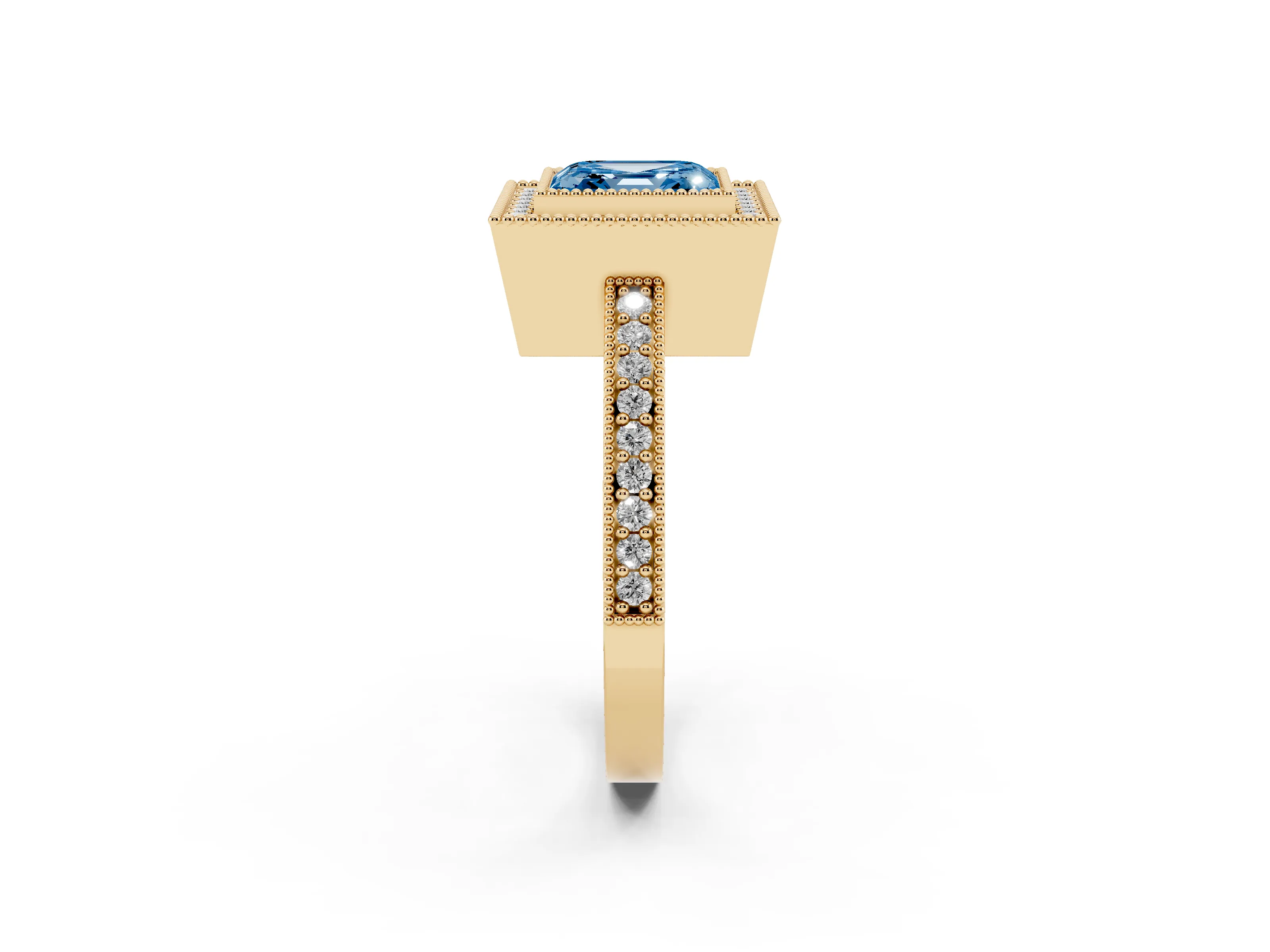 Fancy Blue Asscher Cut Diamond Halo Engagement Ring Set in Yellow gold with Pavé Band and Round Halo Stones