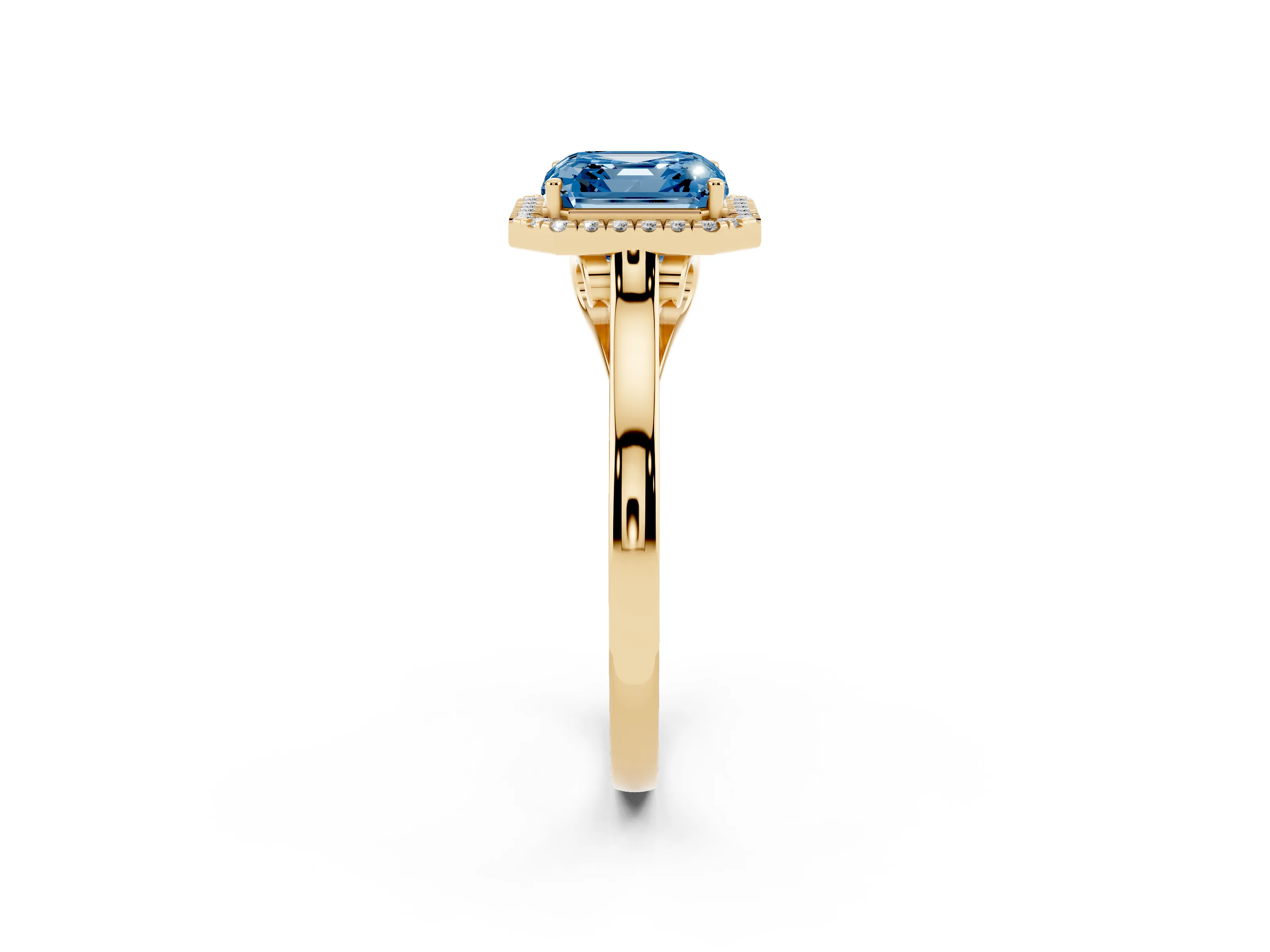 Fancy Blue Asscher Cut Halo Round Diamond Solitaire Ring Set in Yellow gold with Pavé Band and Prong Setting