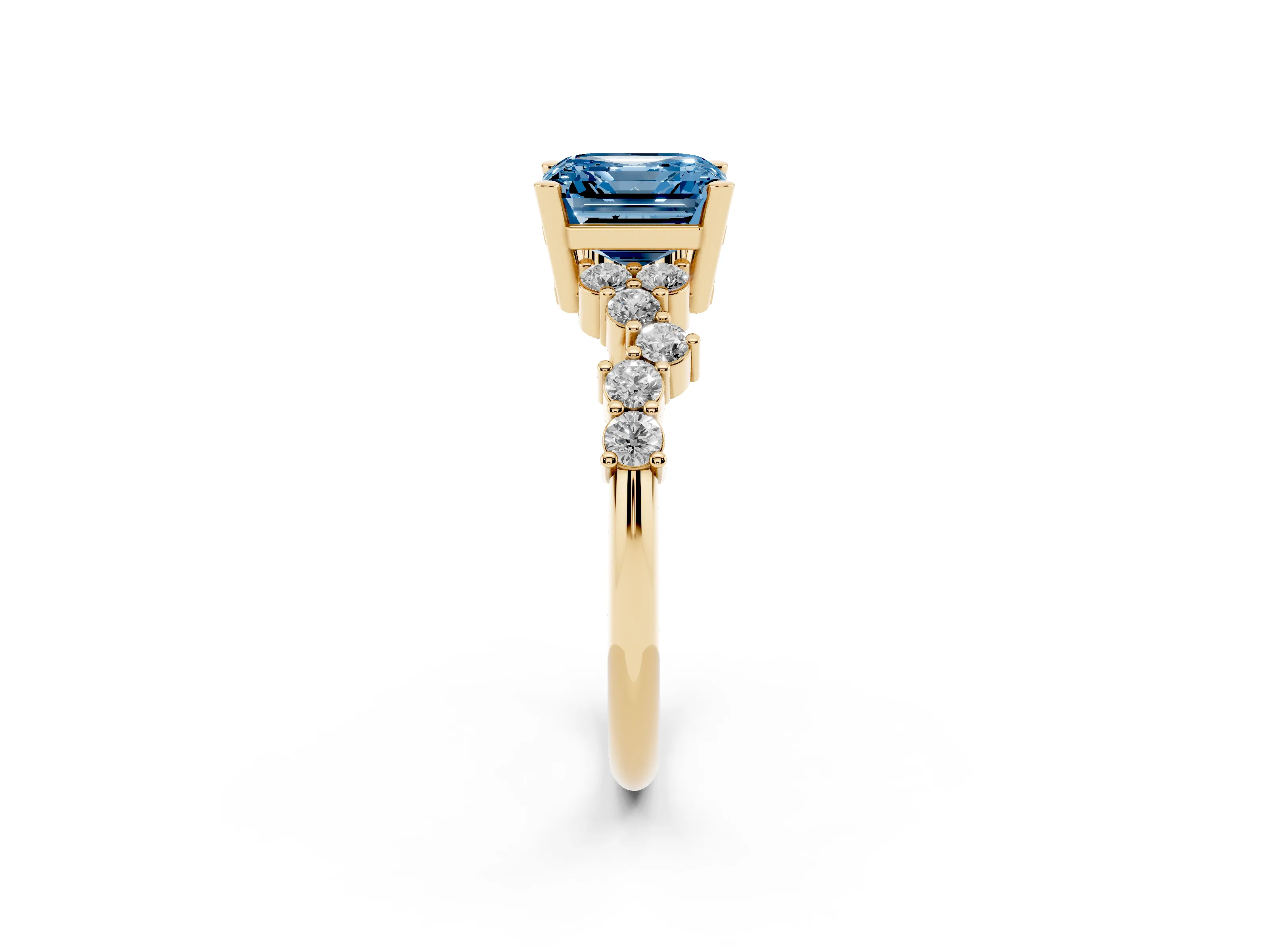 Fancy Blue Asscher Cut Diamond Ring Set in Yellow gold with Scattered Round Accents