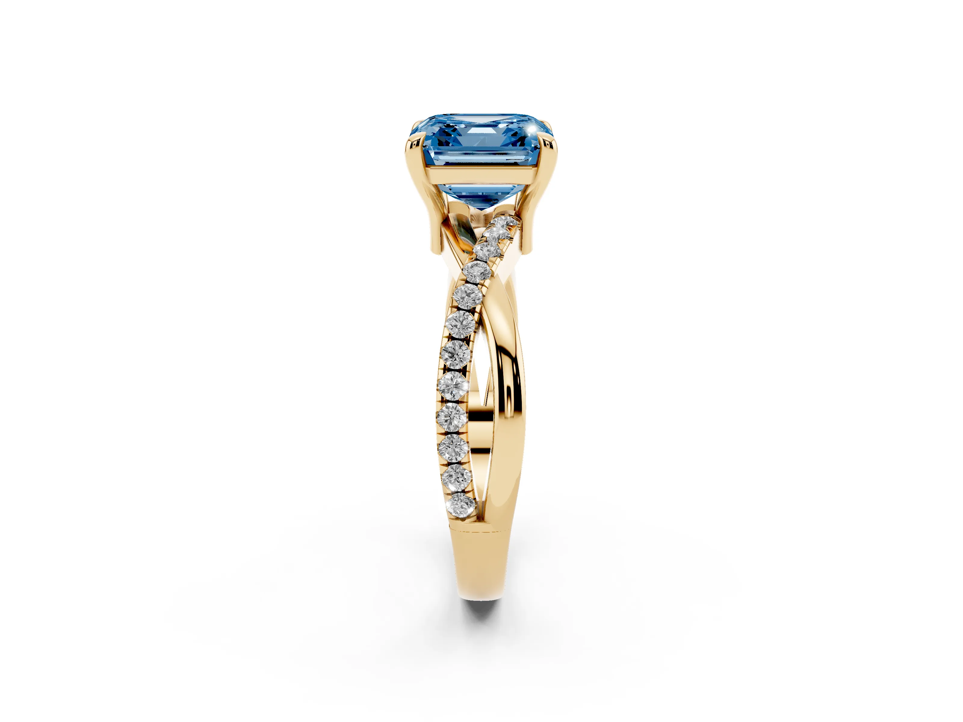Fancy Blue Asscher Cut Diamond Twist Band Pavé Solitaire Ring Set in Yellow gold with Prong Setting
