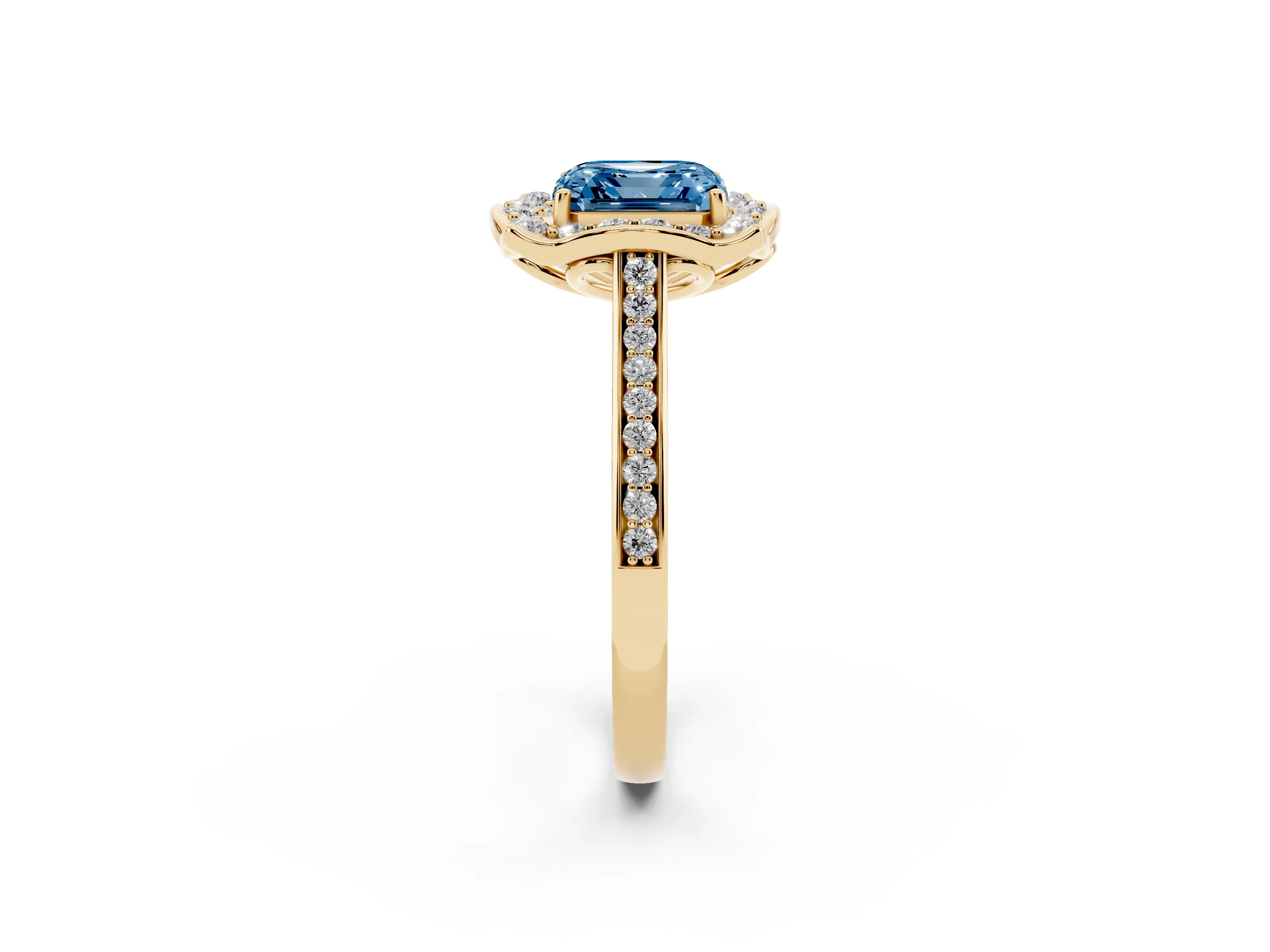 Fancy Blue Asscher Cut Diamond Halo Ring Set in Yellow gold with Pavé-Lined Shoulders and Prong Setting