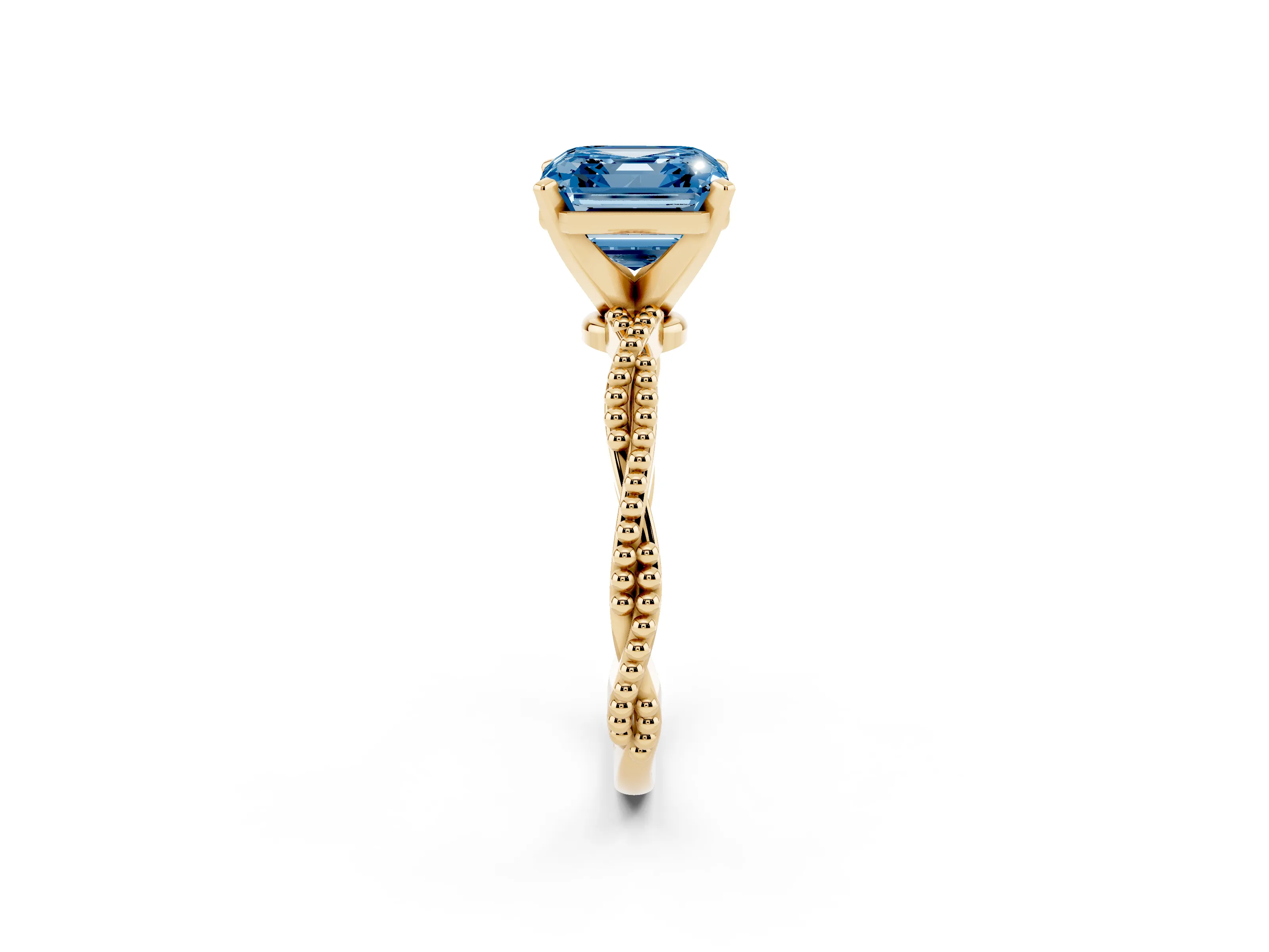 Fancy Blue Asscher Cut Diamond Solitaire Ring Set in Yellow gold with Twisted Band and Bead Prong Setting