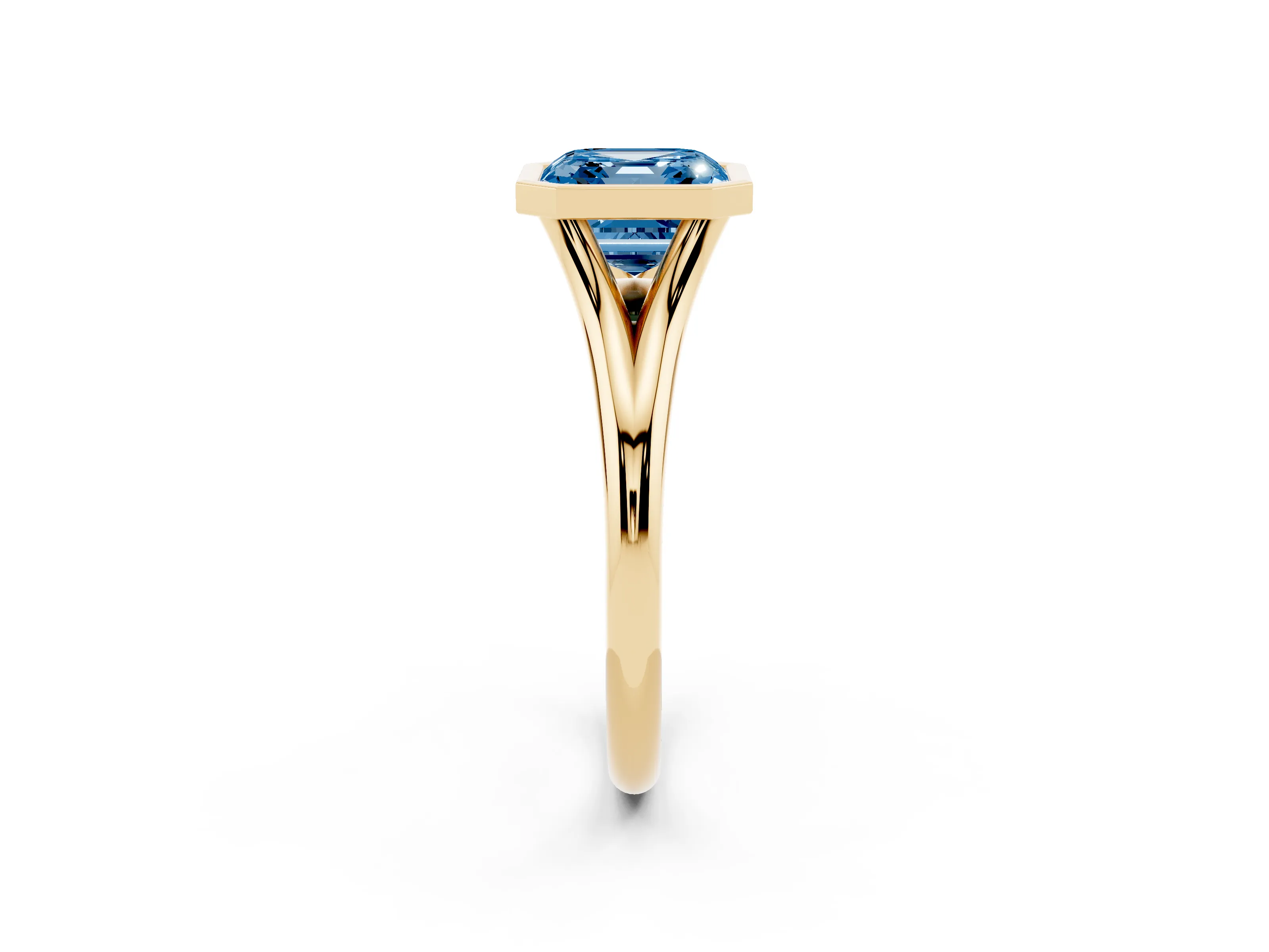 Fancy Blue Bezel Set Asscher Cut Diamond Solitaire Ring Set in Yellow gold with Tapered Band