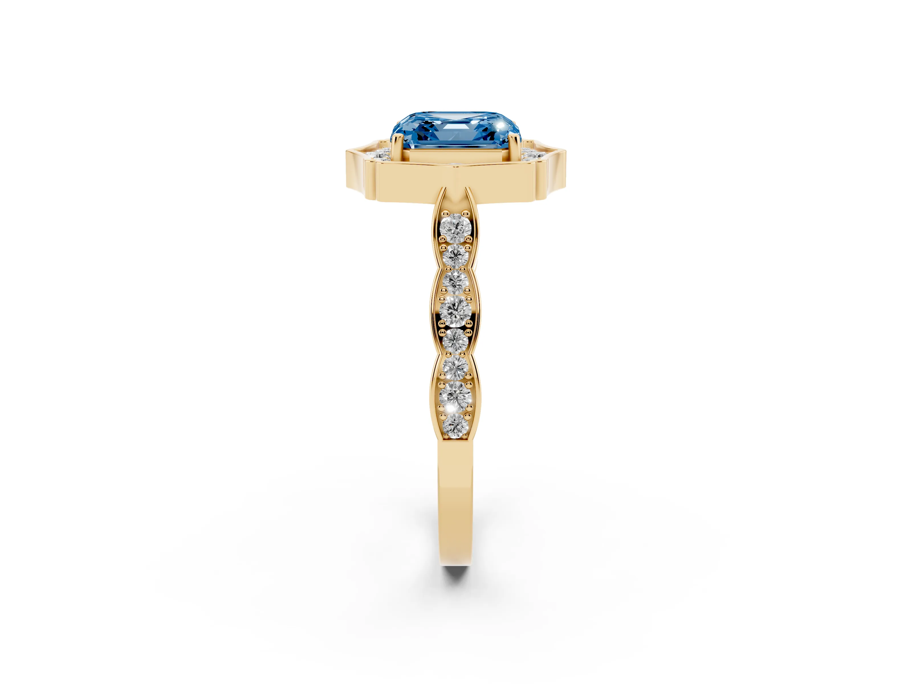 Fancy Blue Asscher Cut Diamond Halo Engagement Ring Set in Yellow gold with Milgrain Band and Prong Setting