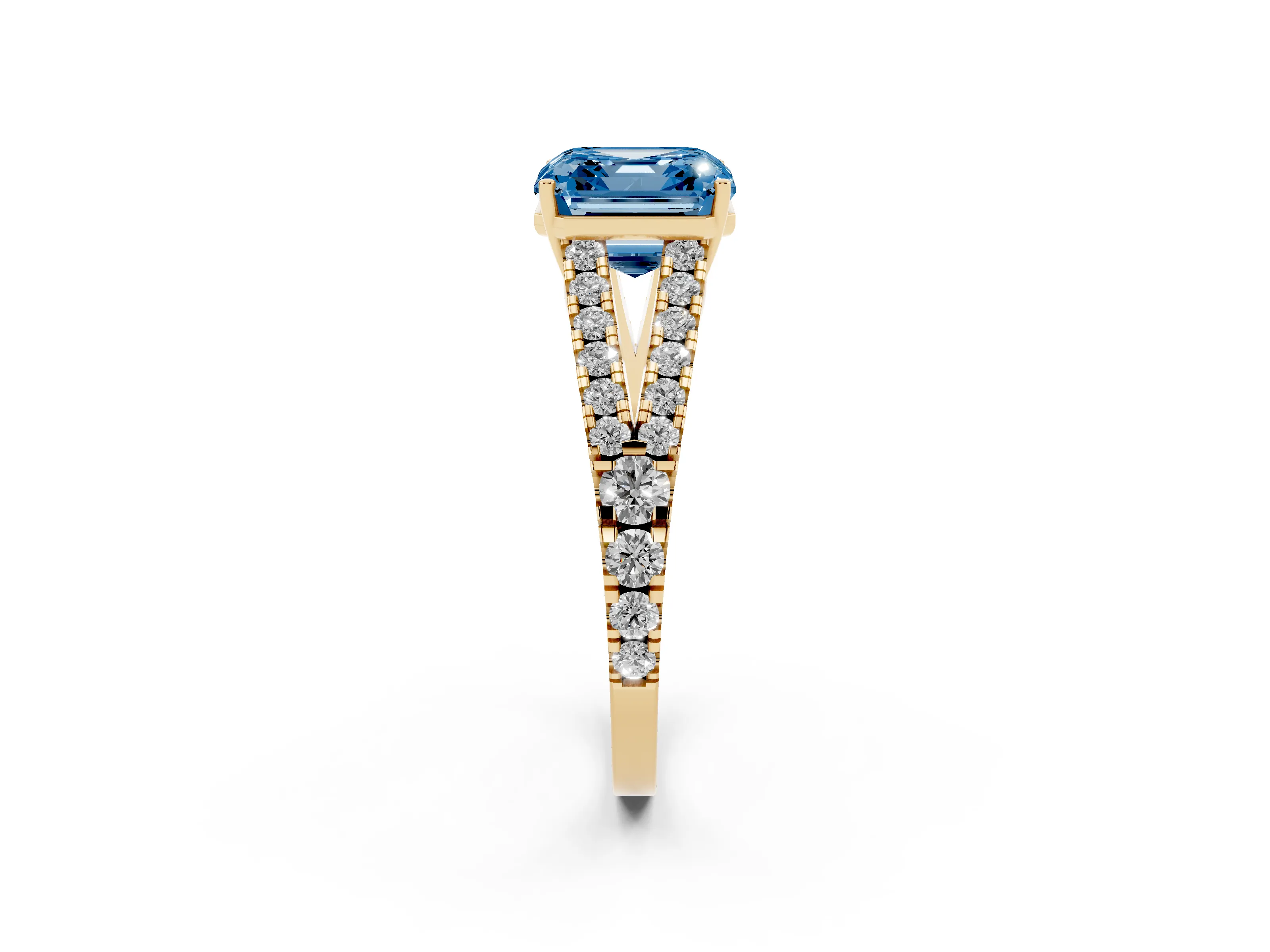 Fancy Blue Asscher Cut Diamond Split Shank Pavé Engagement Ring Set in Yellow gold with Prong-Held Center Stone