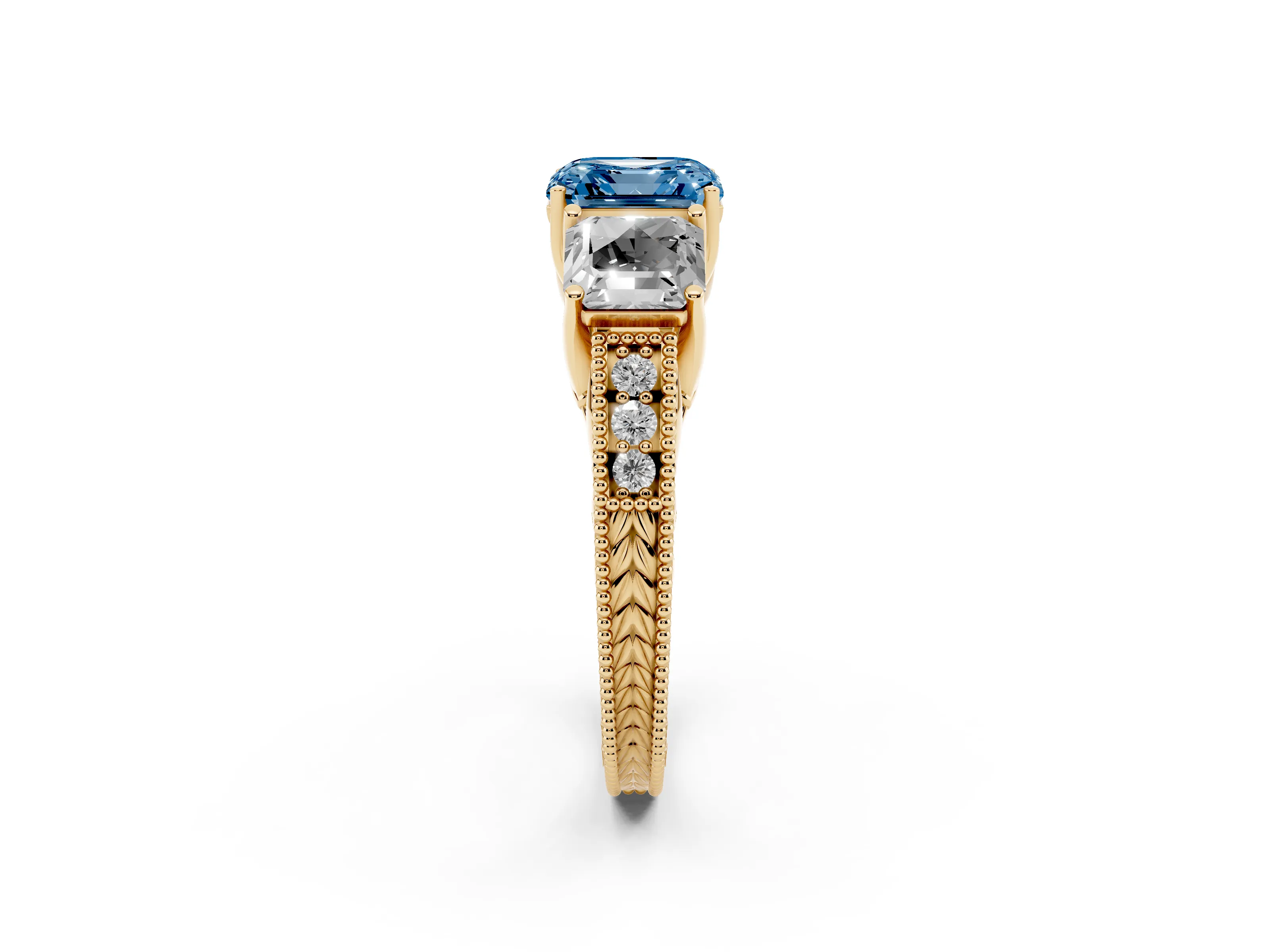 Fancy Blue Asscher Cut Diamond Three-Stone Engagement Ring Set in Yellow gold with Milgrain Pavé Band
