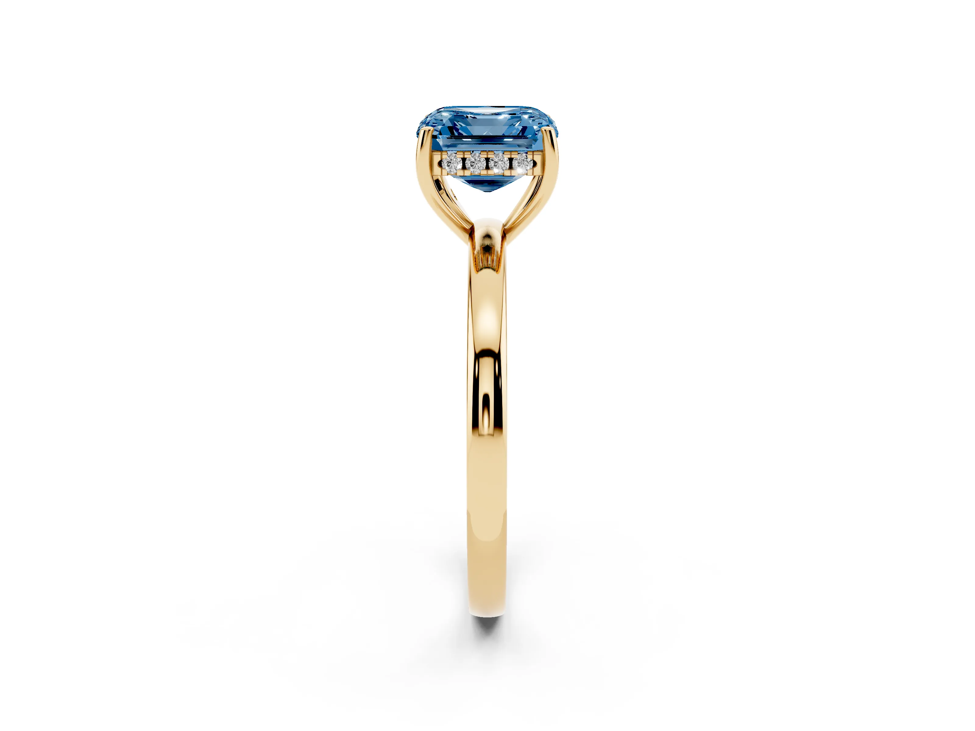 Fancy Blue Asscher Cut Diamond Solitaire Ring Set in Yellow gold with Plain Band and Prong Setting