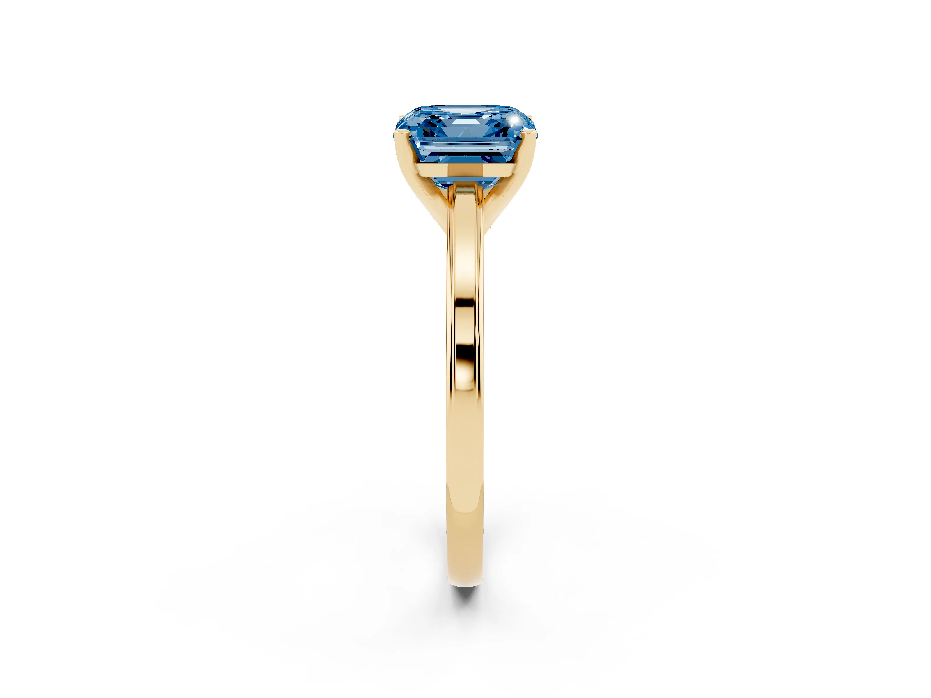 Fancy Blue Asscher Cut Diamond Solitaire Ring Set in Yellow gold with Prong Setting and Classic Band