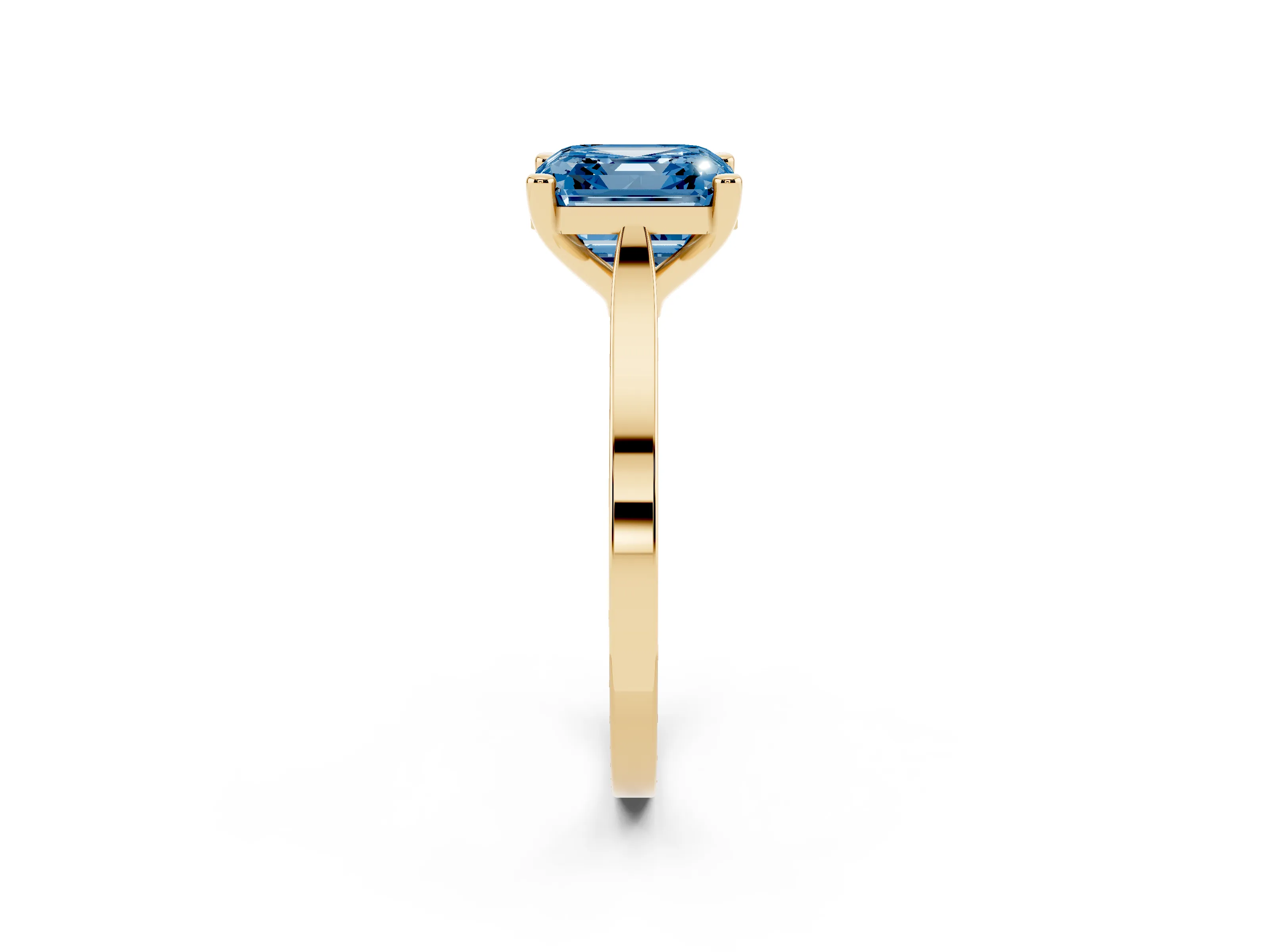 Fancy Blue Asscher Cut Diamond Solitaire Ring Set in Yellow gold with Prong Setting and Tapered Band