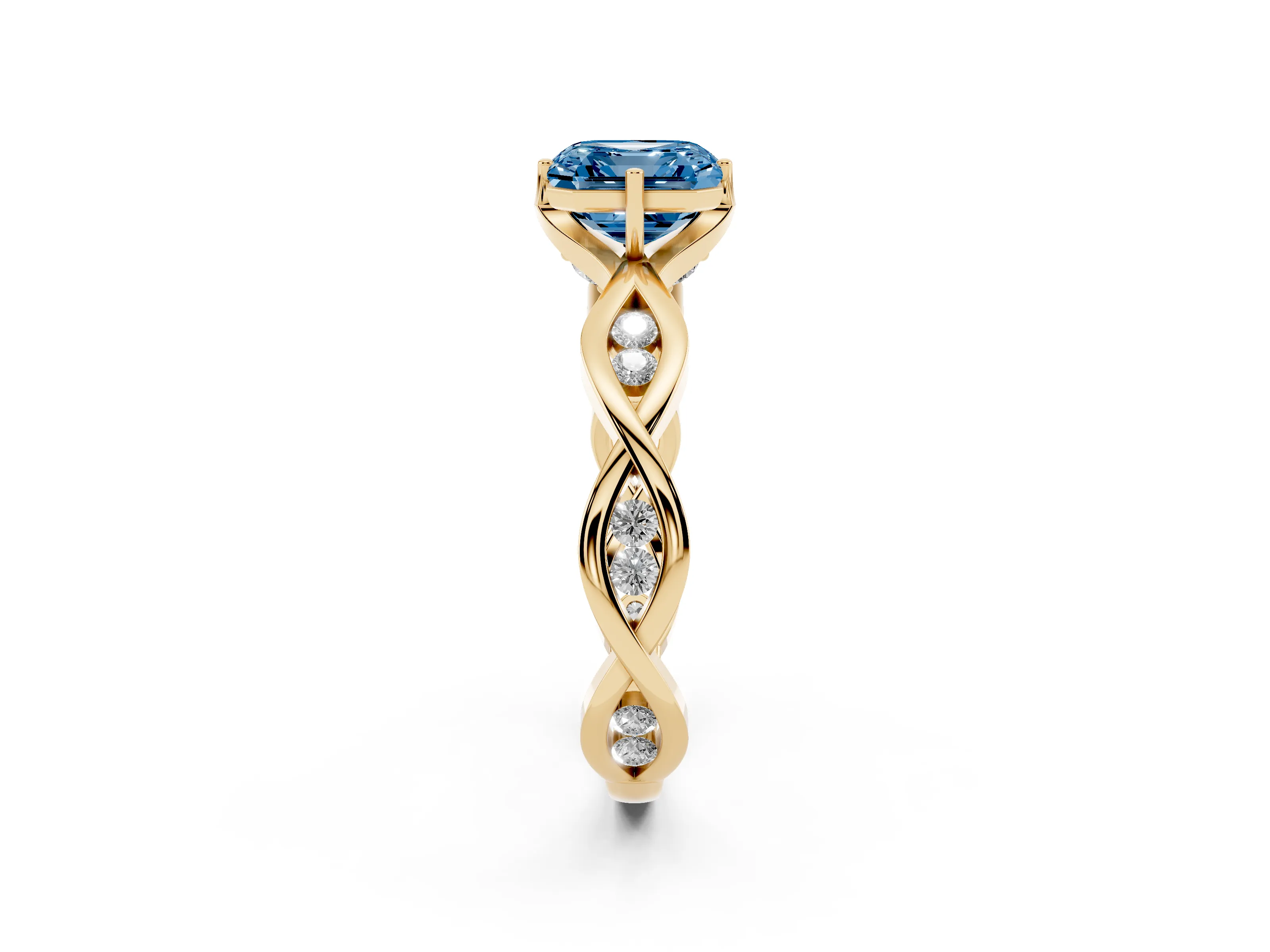 Fancy Blue Asscher Cut Diamond Twist Band Solitaire Ring Set in Yellow gold with Leaf Prong Setting and Accent Stones