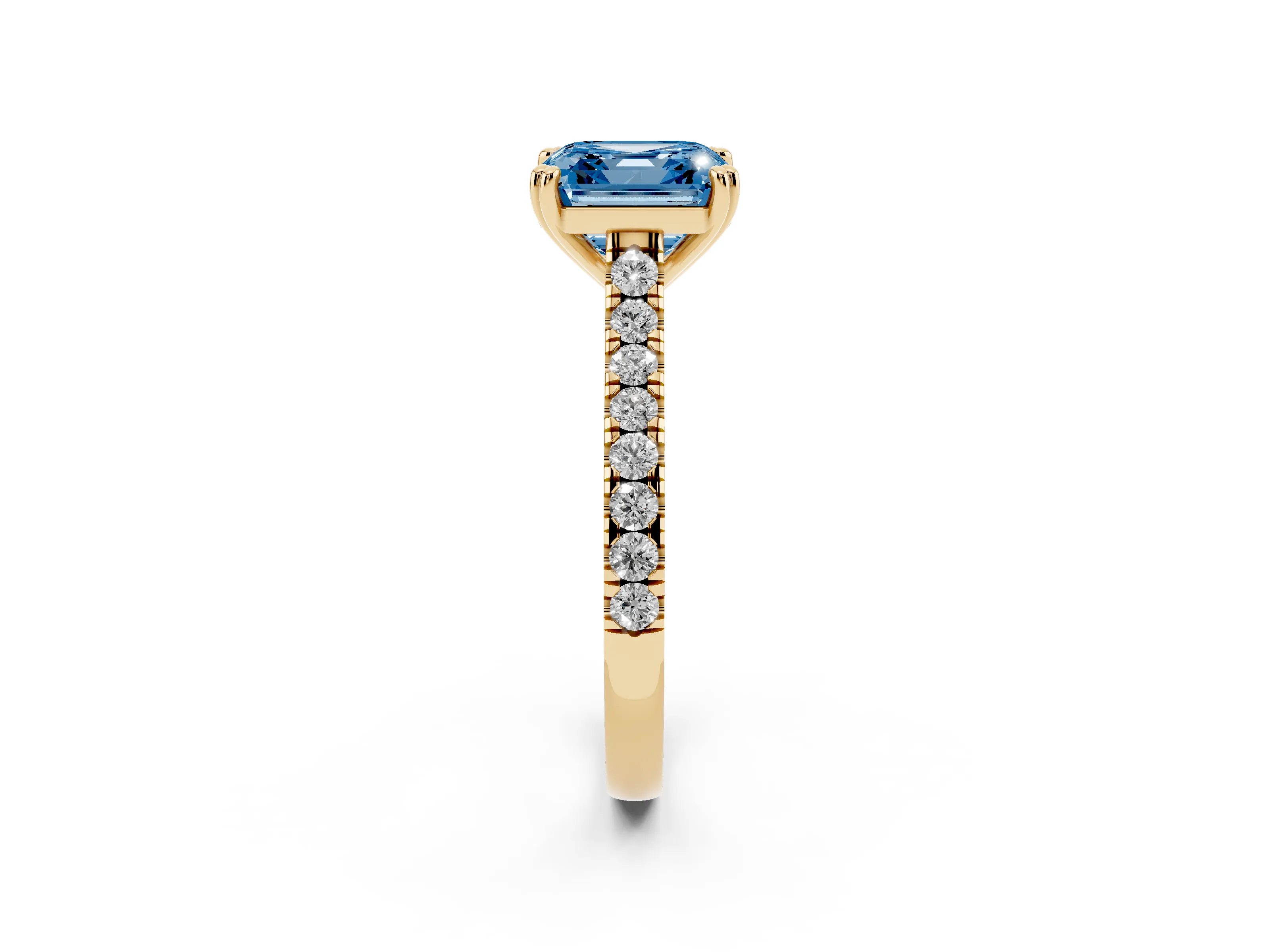 Fancy Blue Asscher Cut Diamond Solitaire Engagement Ring Set in Yellow gold with Pavé Accents and Prong Setting