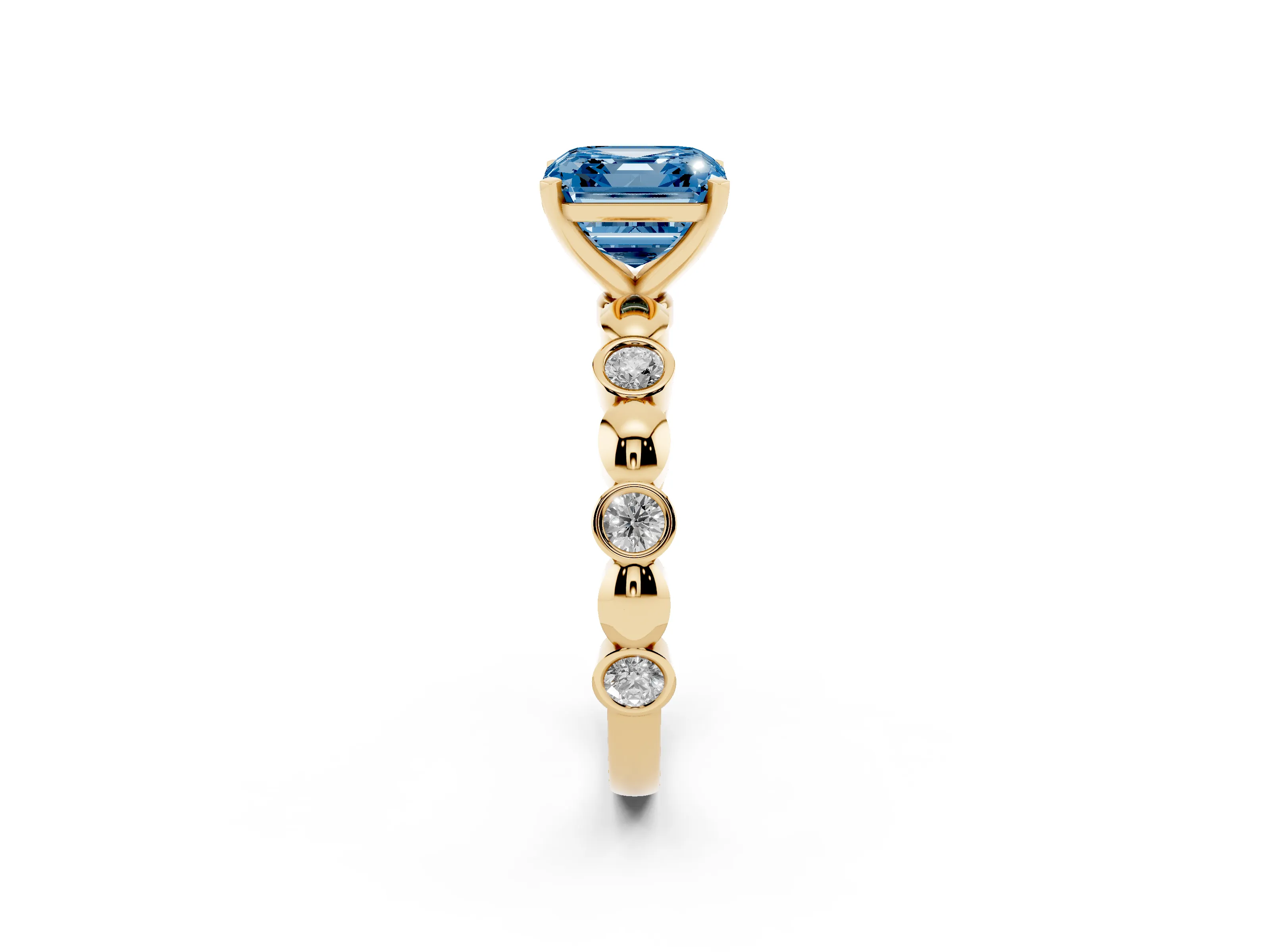 Fancy Blue Asscher Cut Diamond Solitaire Ring Set in Yellow gold with Bezel-Set Accents on Beaded Band and Prong Setting