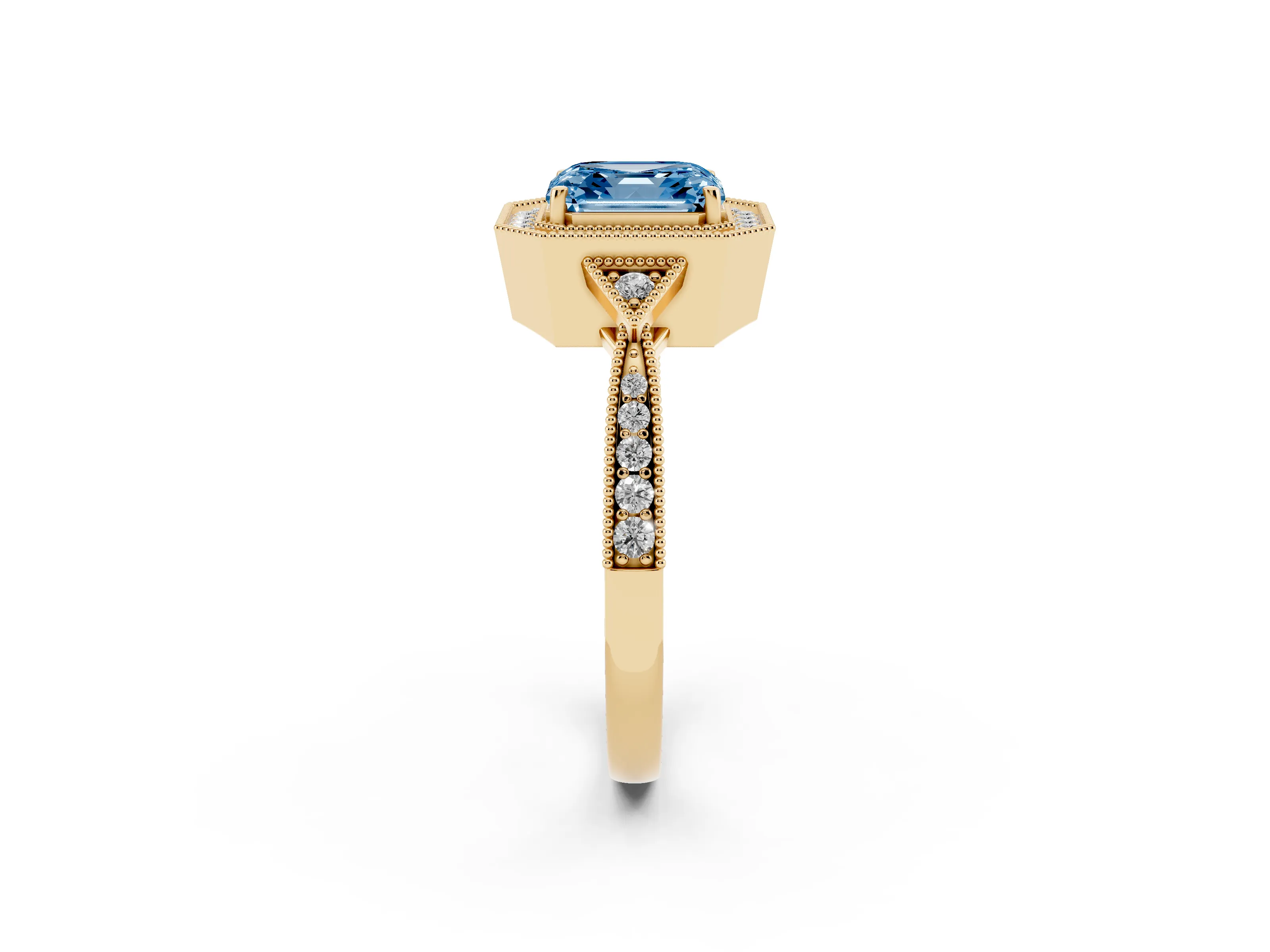 Fancy Blue Asscher Cut Diamond Halo Engagement Ring Set in Yellow gold with Milgrain Pavé Band