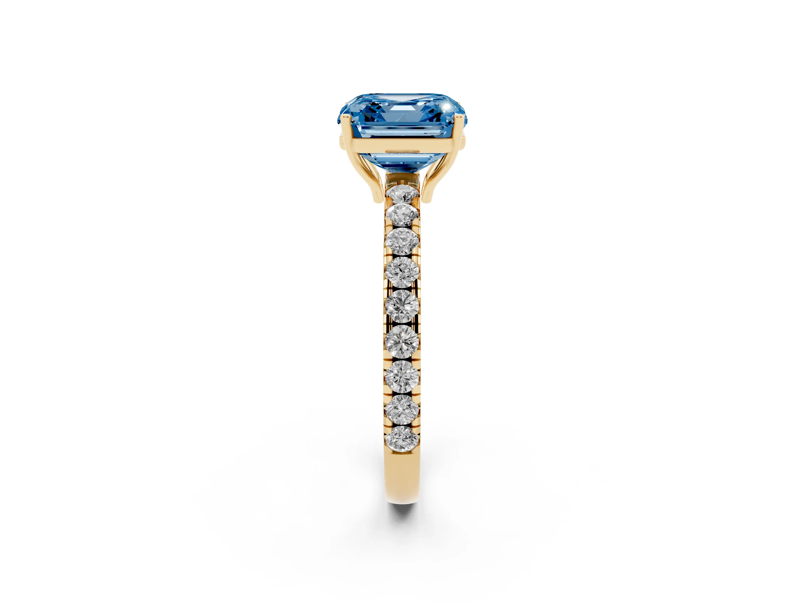Fancy Blue Asscher Cut Diamond Pavé Solitaire Engagement Ring Set in Yellow gold with Prong Setting