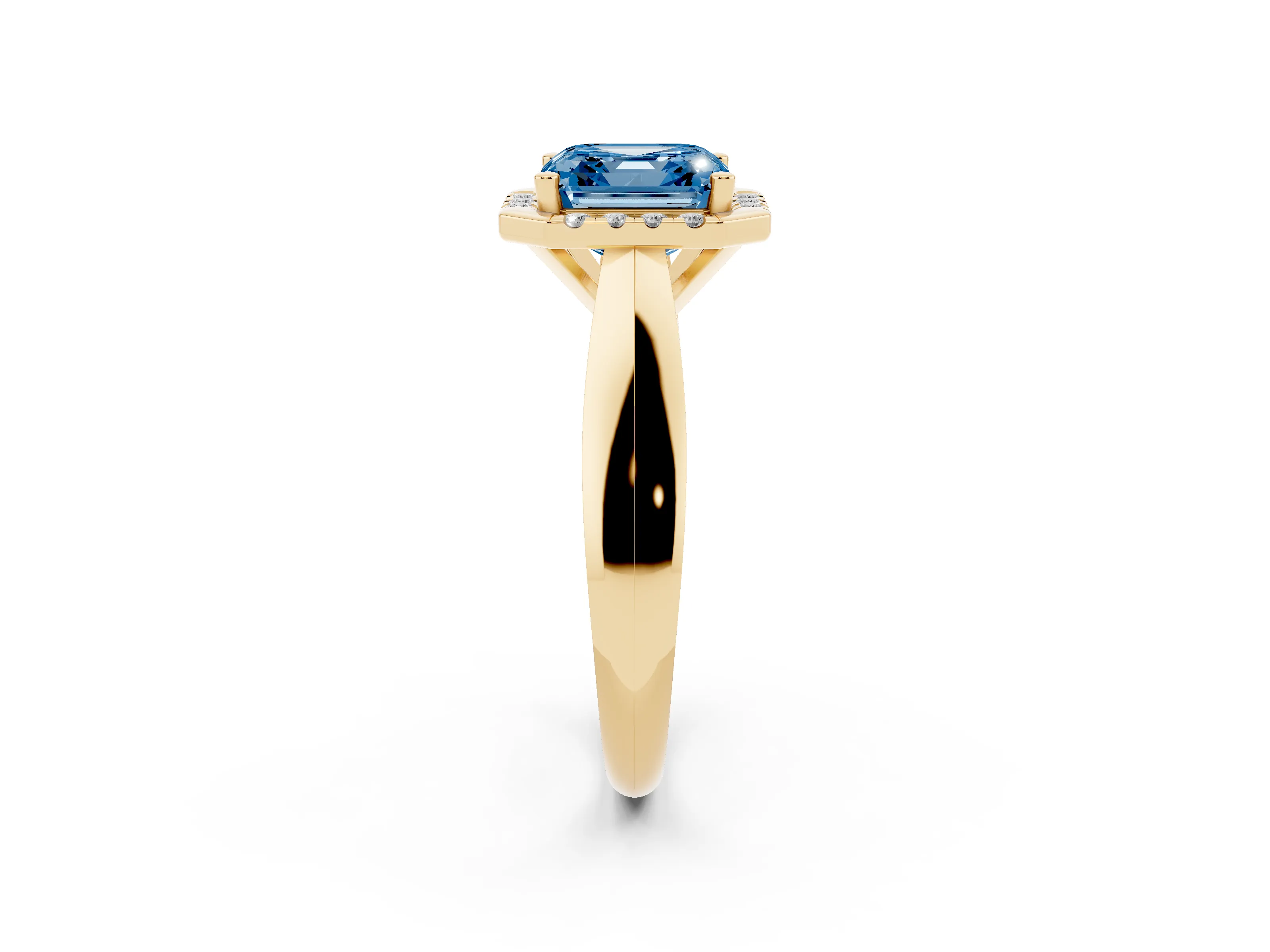 Fancy Blue Asscher Cut Diamond Halo Solitaire Engagement Ring Set in Yellow gold with Square Band and Prong Setting